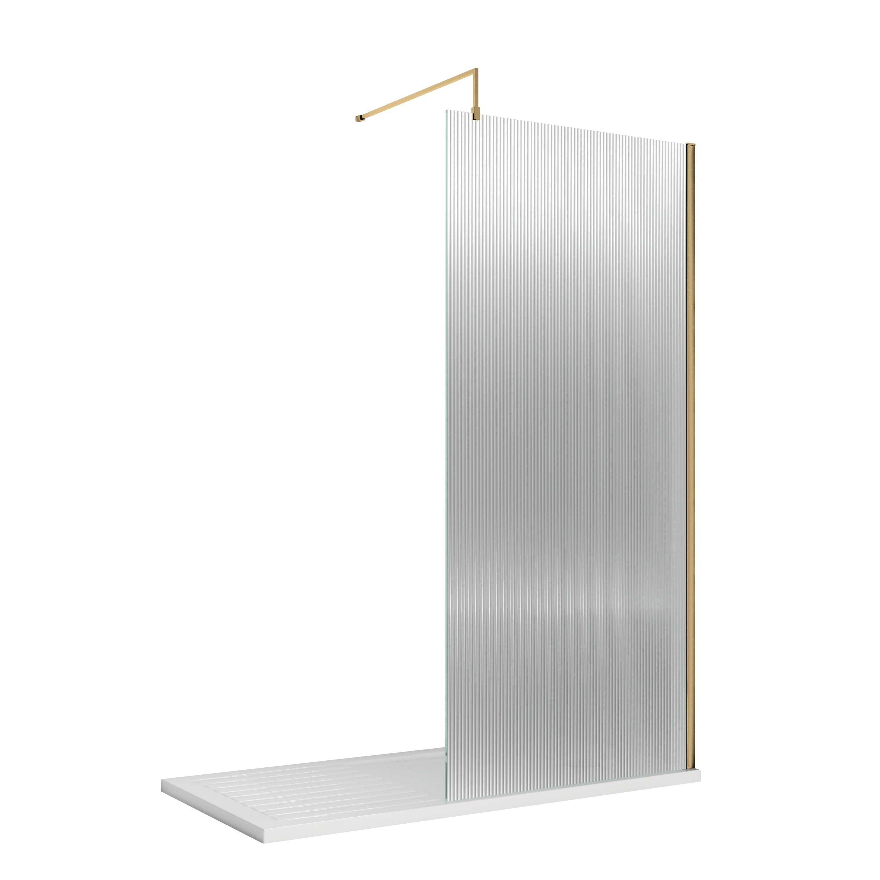 Nuie Fluted Wetroom Screen with Support Bar, Durable Toughened Safety Glass Wet Room Glass Panel in Brushed Brass, 900 x 1950mm