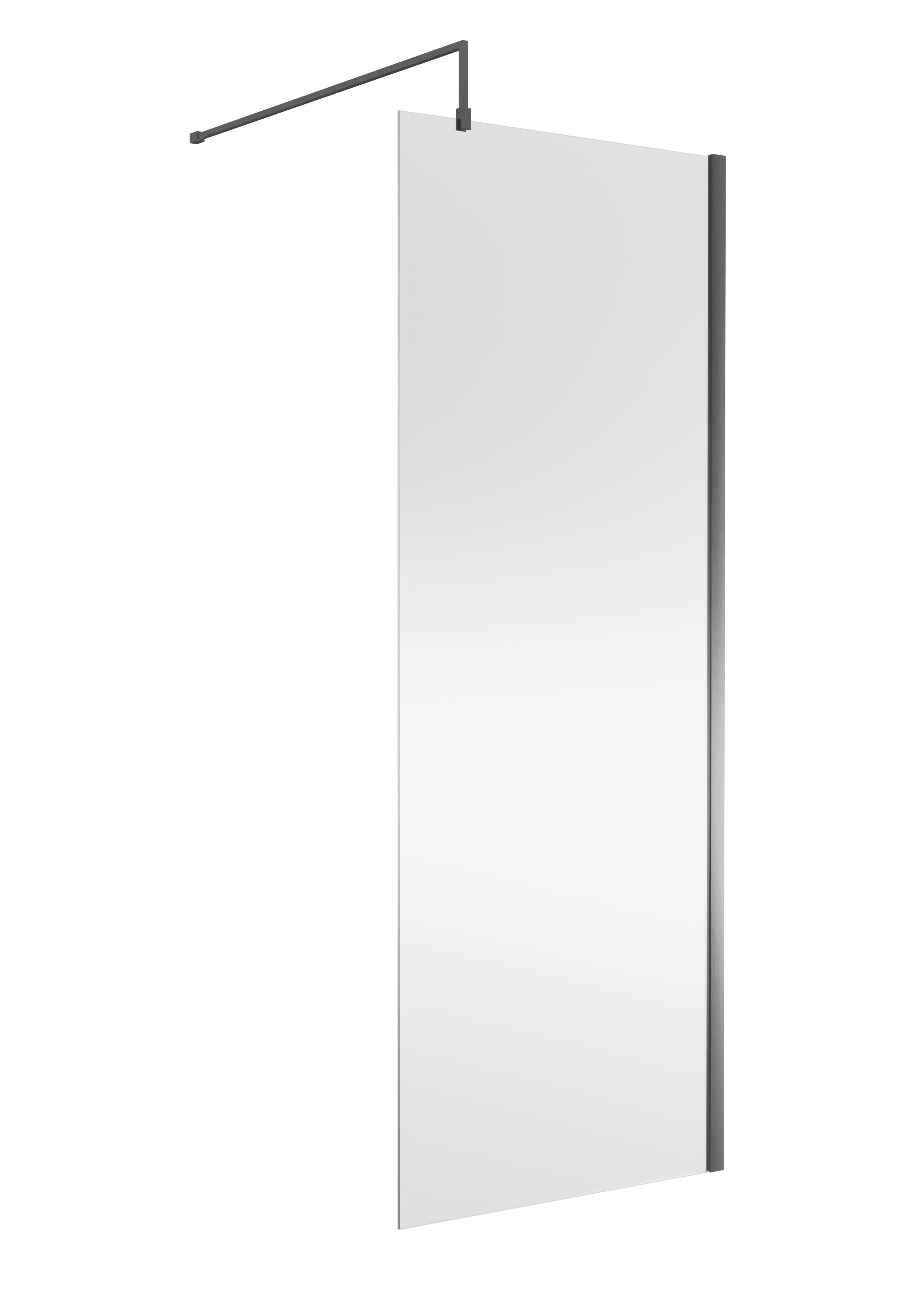 Nuie Wetroom Screen, Durable Toughened Fixed Glass Bathroom Shower Screen with Support Bar in Brushed Pewter, 800 x 1850mm