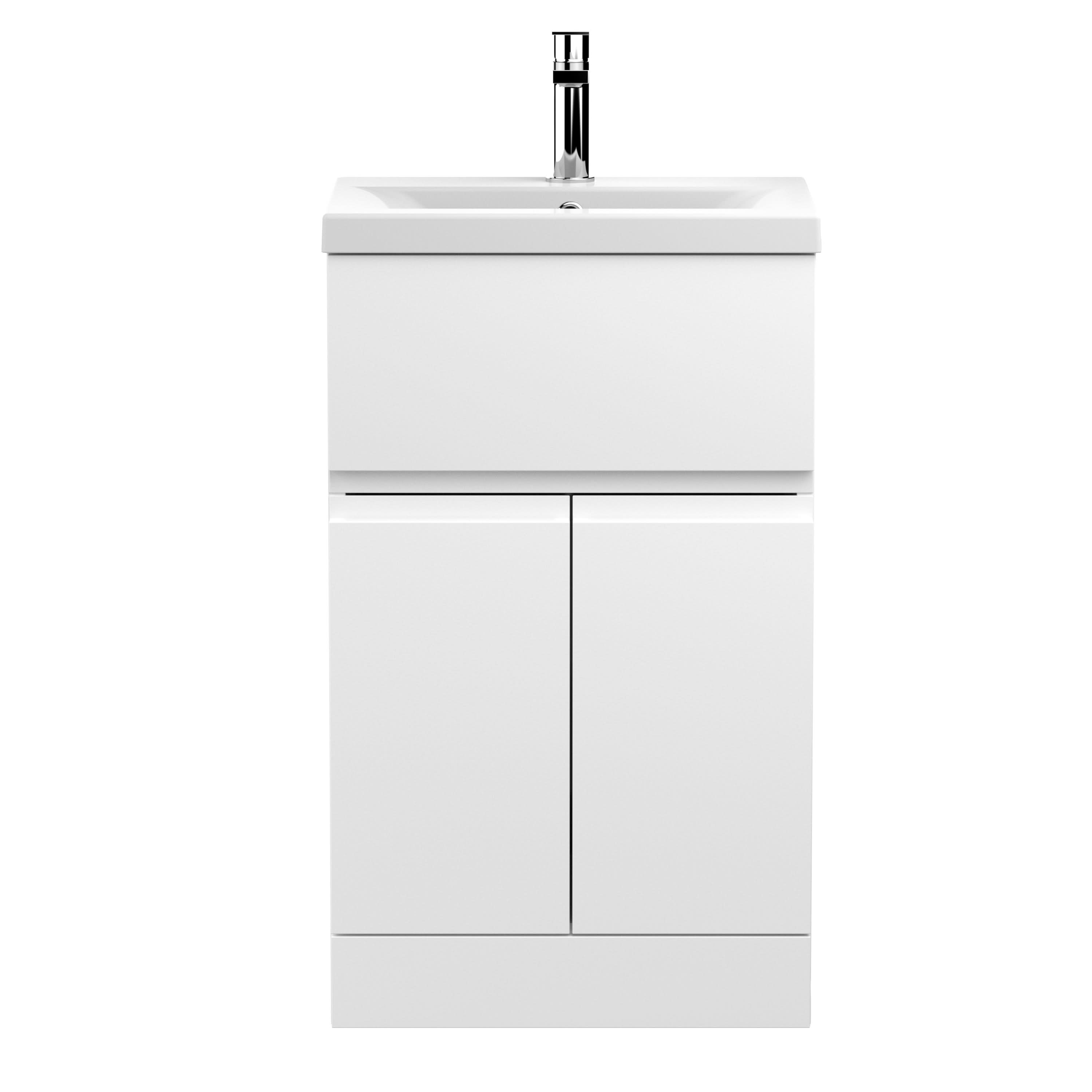 Hudson Reed Urban Floor Standing 2 Door 1 Drawer Vanity Unit with Mid-Edge Basin, Durable Modern Vanity Unit in Satin White, 500mm