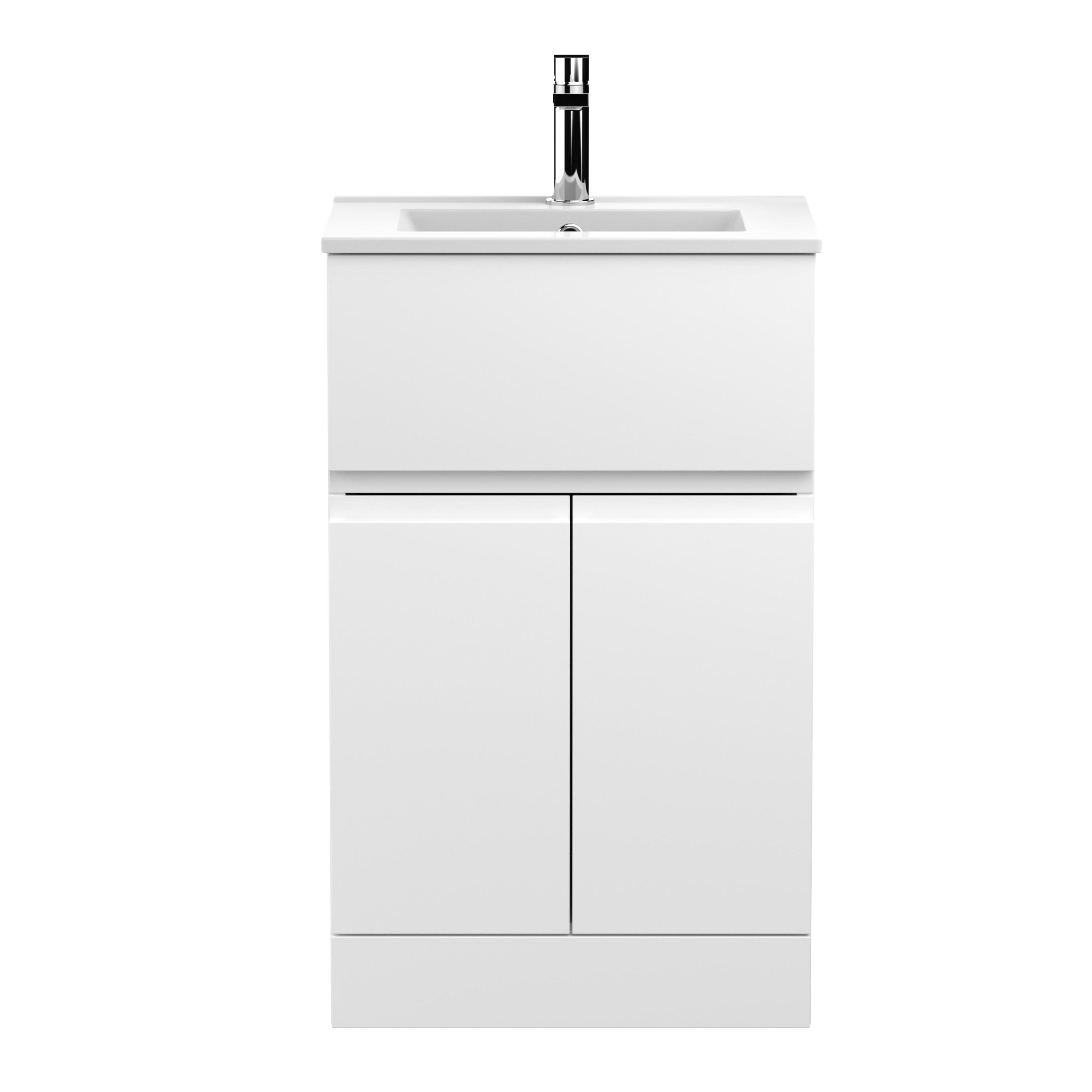 Hudson Reed Urban Floor Standing 2 Door 1 Drawer Vanity Unit with Minimalist Basin, Modern Vanity Unit in Satin White, 500mm