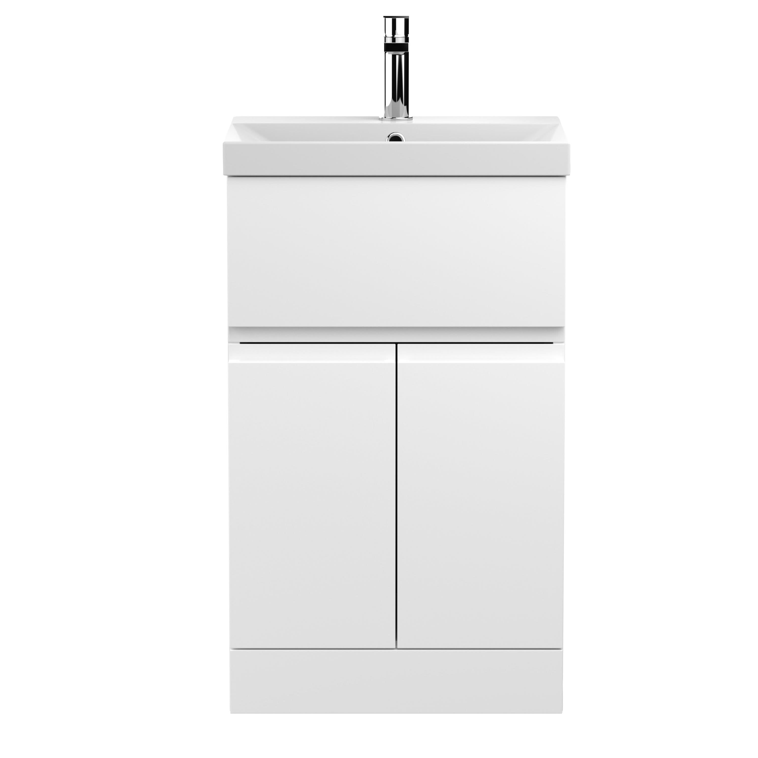 Hudson Reed Urban Floor Standing 2 Door 1 Drawer Vanity Unit with Thin-Edge Basin, Modern Vanity Unit in Satin White, 500mm