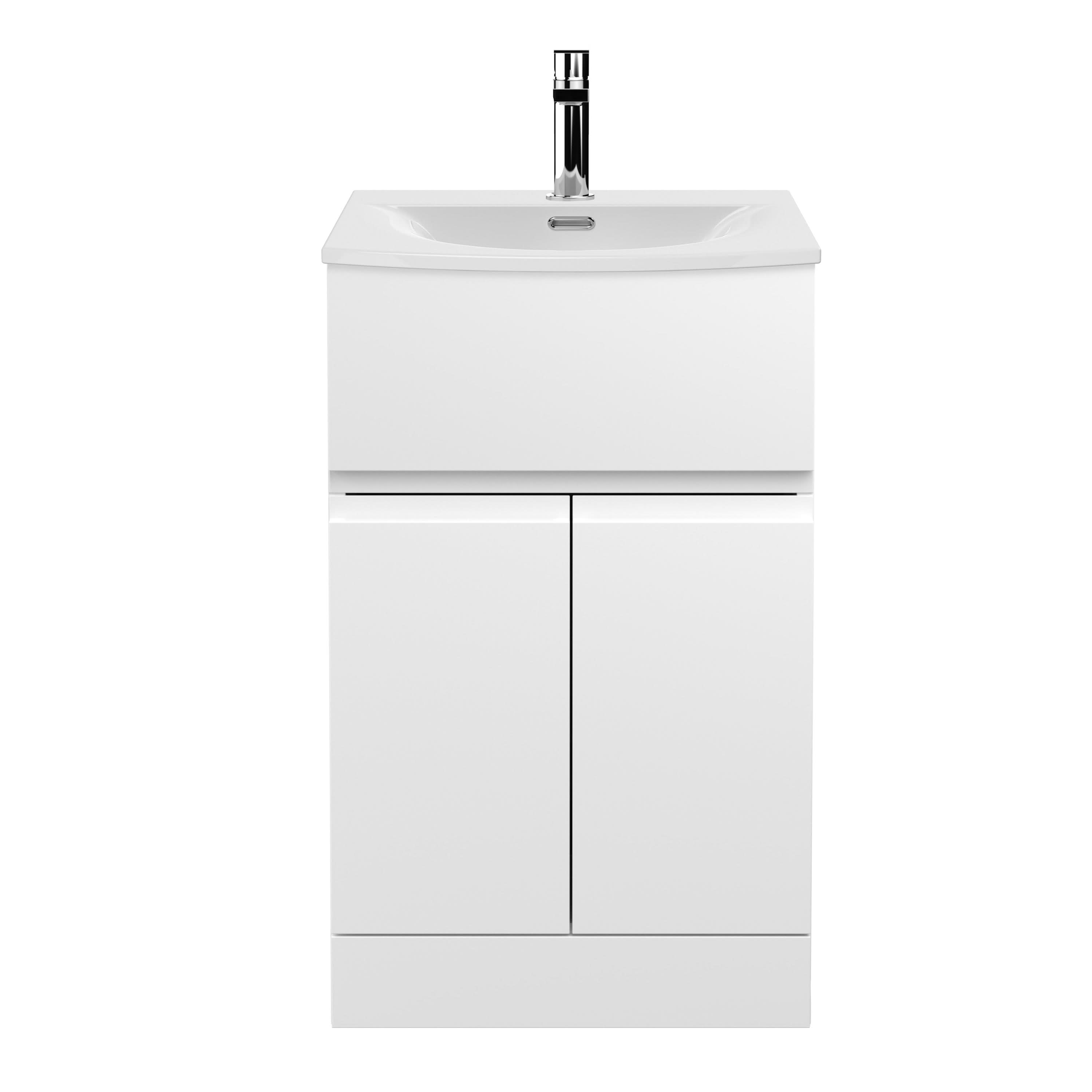 Hudson Reed Urban Floor Standing 2 Door 1 Drawer Vanity Unit with Curved Basin, Durable Modern Vanity Unit in Satin White, 500mm