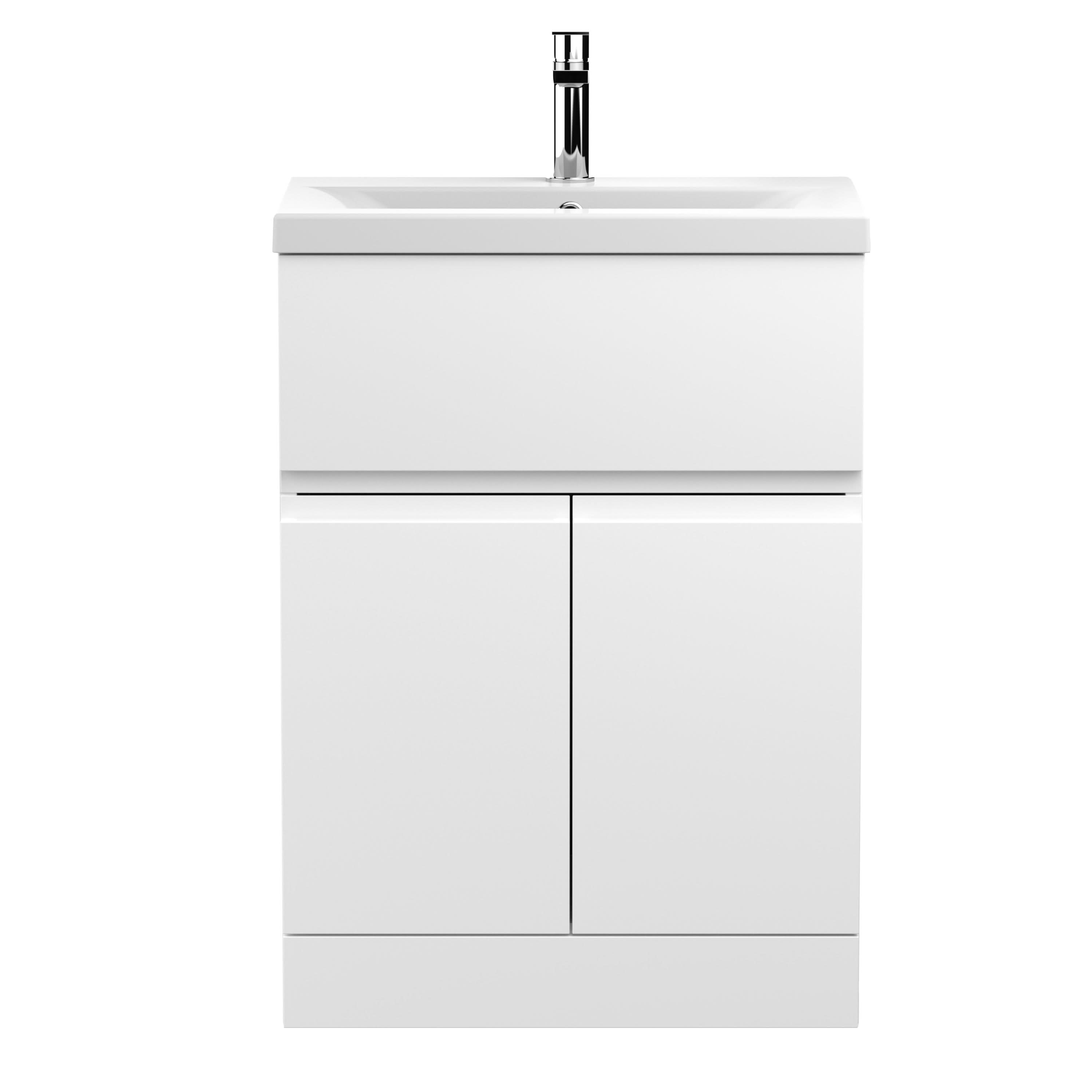 Hudson Reed Urban Floor Standing 2 Door 1 Drawer Vanity Unit with Mid-Edge Basin, Durable Modern Vanity Unit in Satin White, 600mm
