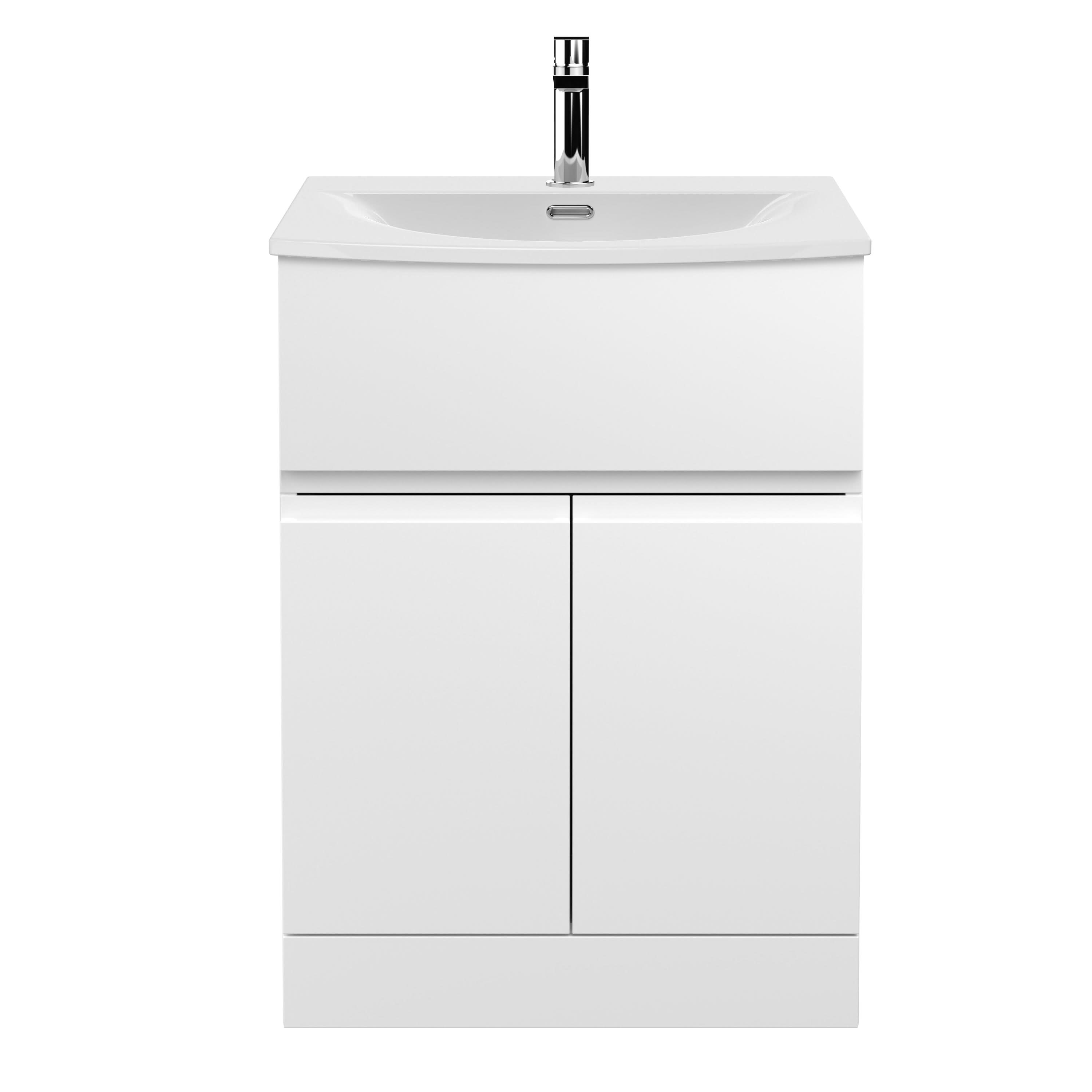 Hudson Reed Urban Floor Standing 2 Door 1 Drawer Vanity Unit with Curved Basin, Durable Modern Vanity Unit in Satin White, 600mm
