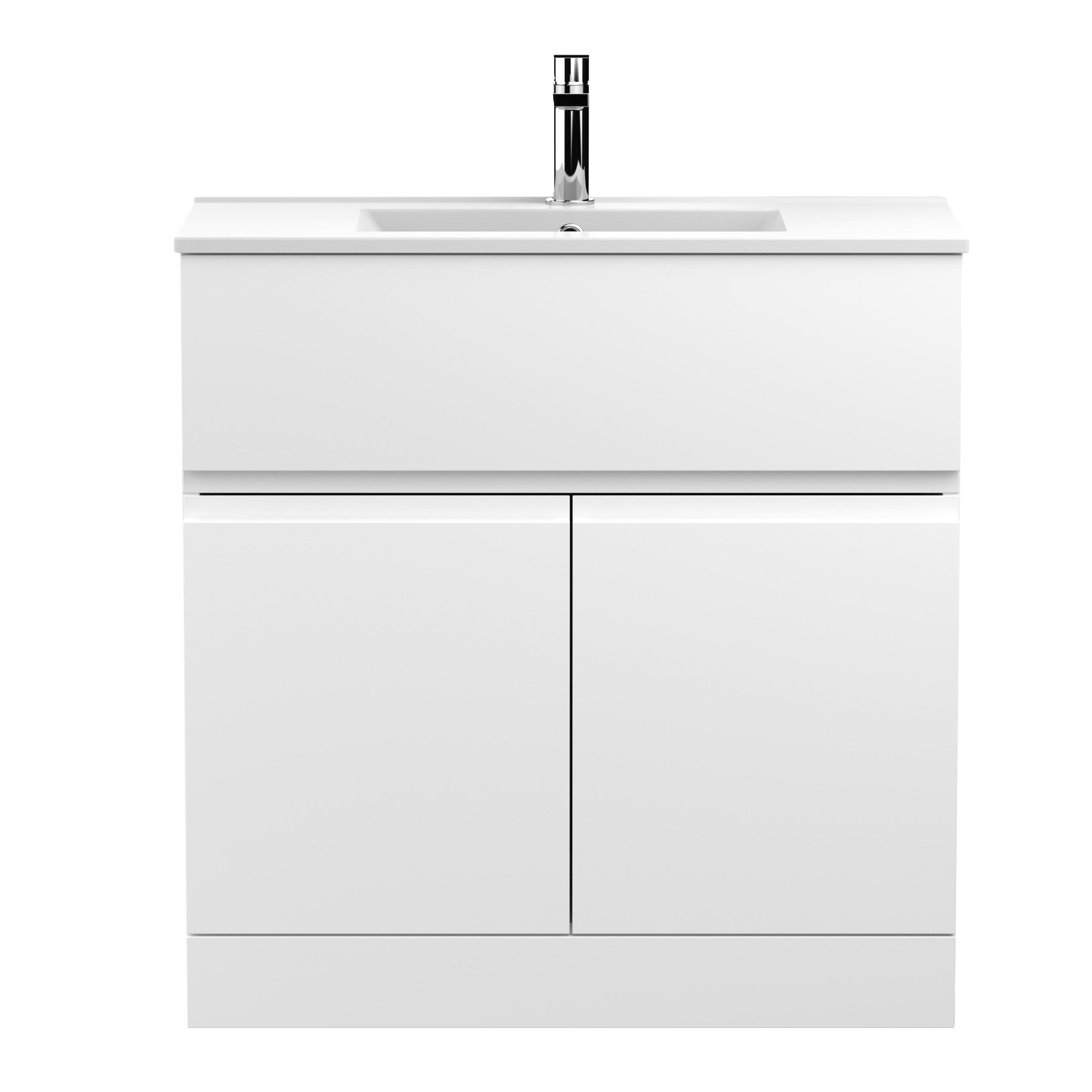 Hudson Reed Urban Floor Standing 2 Door 1 Drawer Vanity Unit with Minimalist Basin, Modern Vanity Unit in Satin White, 800mm