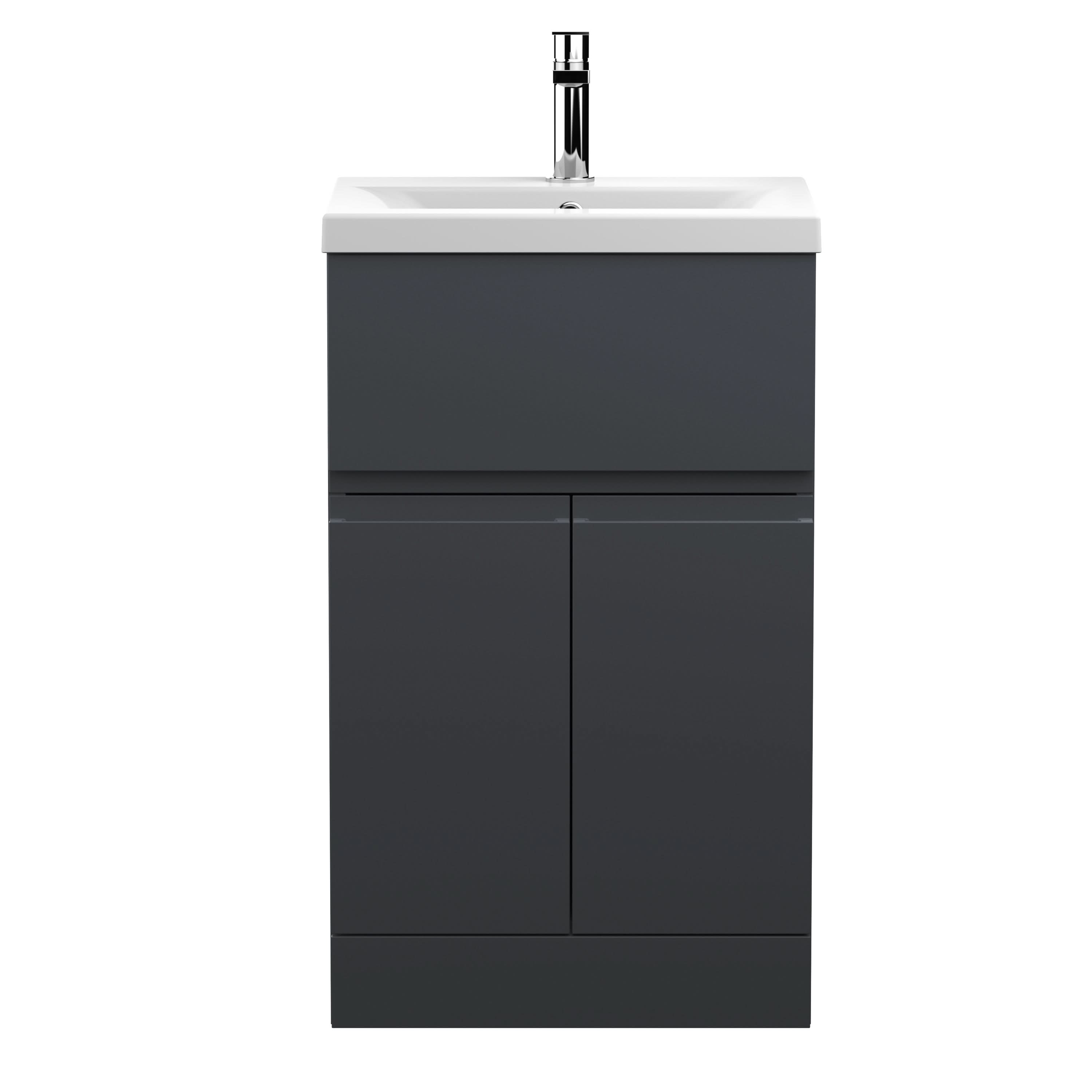 Hudson Reed Urban Floor Standing 2 Door 1 Drawer Vanity Unit with Minimalist Basin, Modern Vanity Unit in Soft Black, 500mm