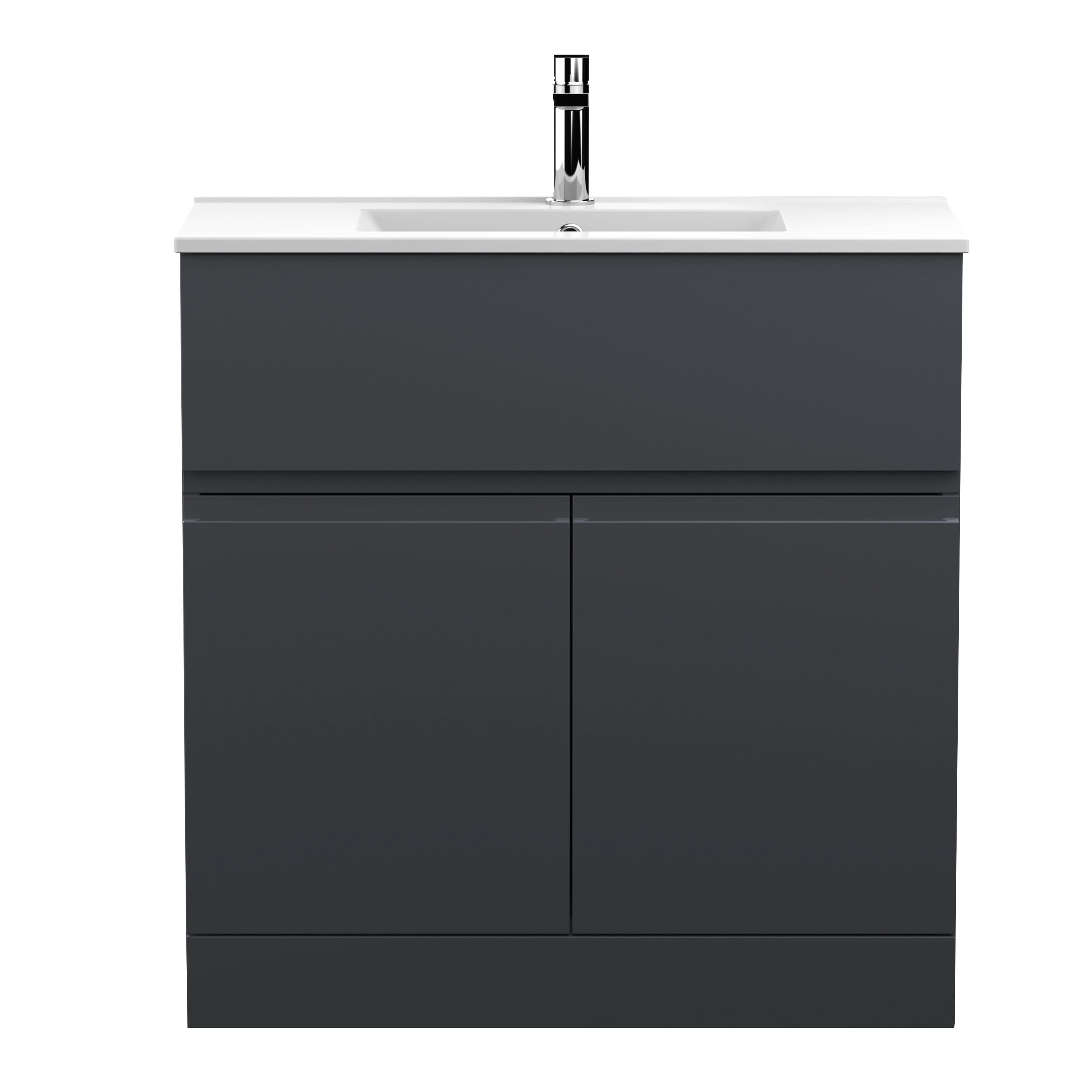 Hudson Reed Urban Floor Standing 2 Door 1 Drawer Vanity Unit with Minimalist Basin, Modern Vanity Unit in Soft Black, 800mm