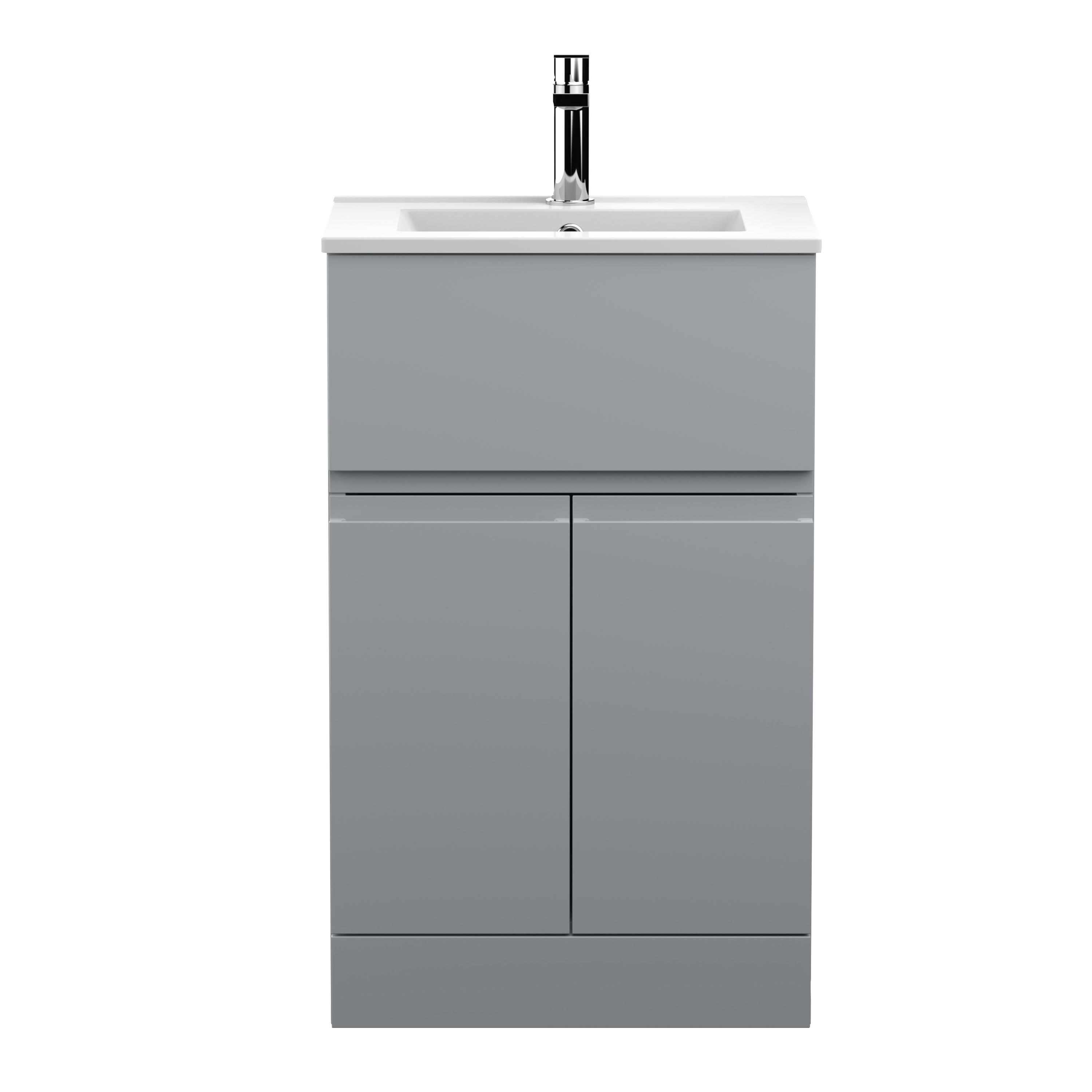 Hudson Reed Urban Floor Standing 2 Door 1 Drawer Vanity Unit with Minimalist Basin, Modern Vanity Unit in Satin Grey, 500mm
