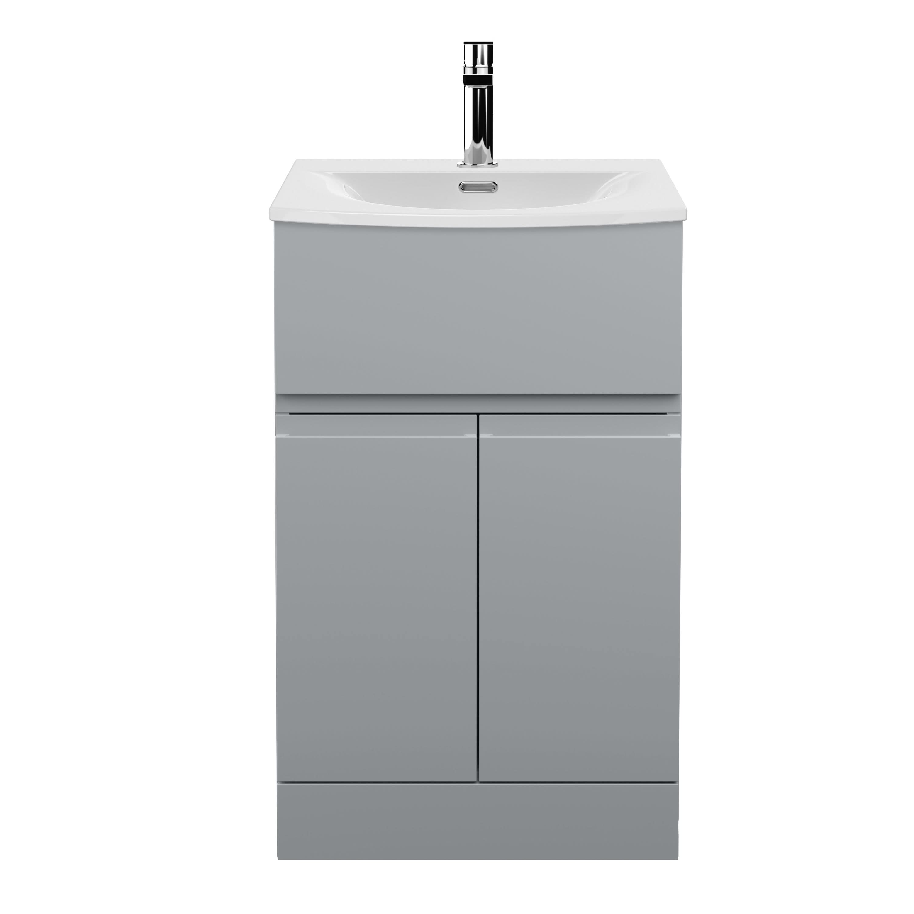 Hudson Reed Urban Floor Standing 2 Door 1 Drawer Vanity Unit with Curved Basin, Durable Modern Vanity Unit in Satin Grey, 500mm