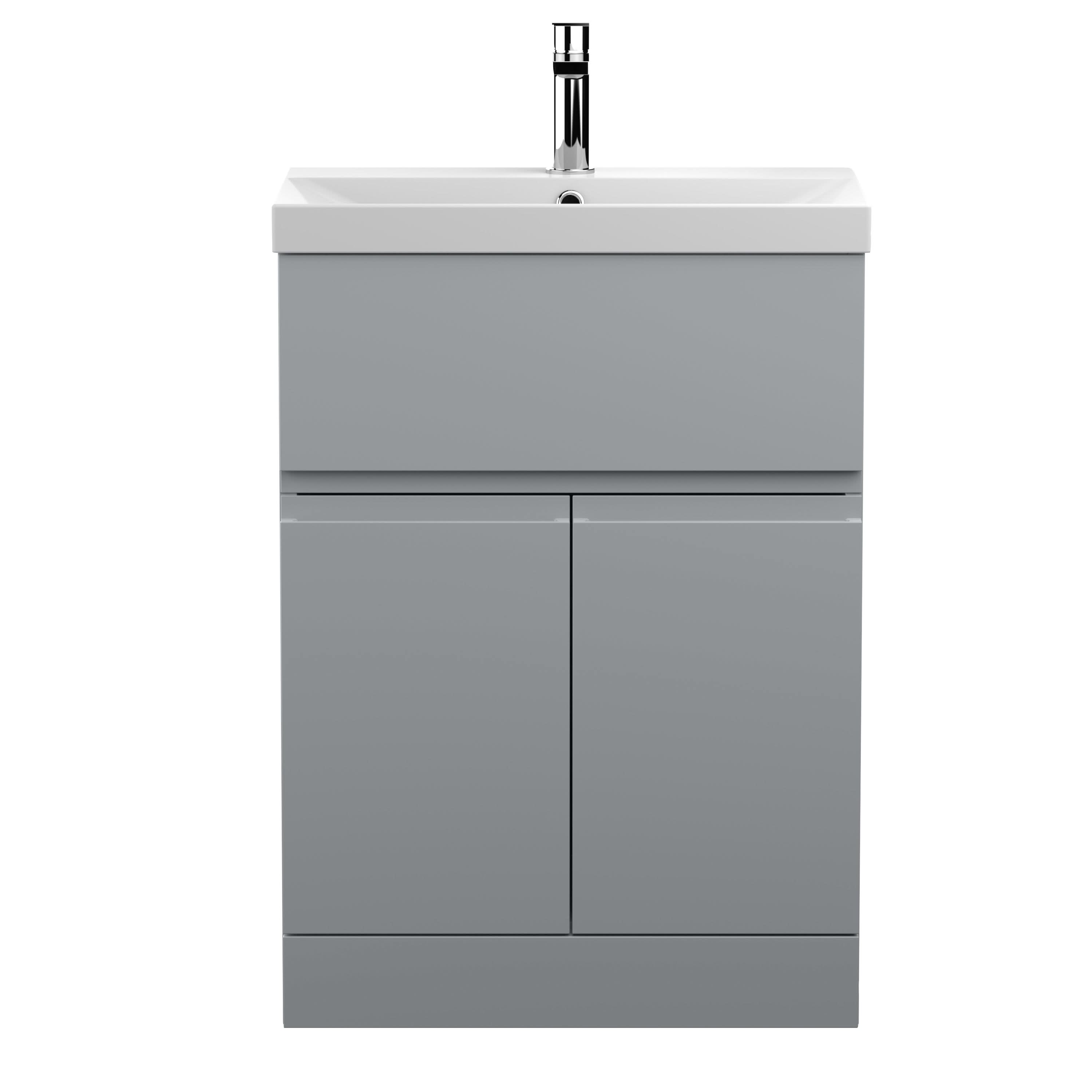Hudson Reed Urban Floor Standing 2 Door 1 Drawer Vanity Unit with Thin-Edge Basin, Modern Vanity Unit in Satin Grey, 600mm