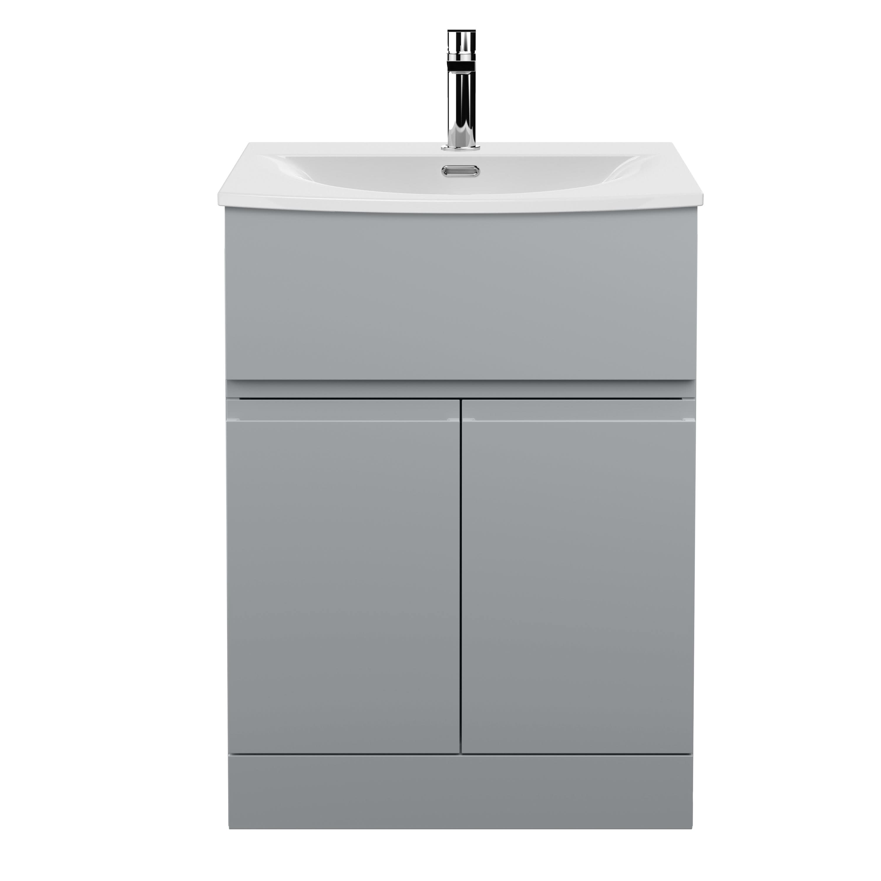 Hudson Reed Urban Floor Standing 2 Door 1 Drawer Vanity Unit with Curved Basin, Durable Modern Vanity Unit in Satin Grey, 600mm