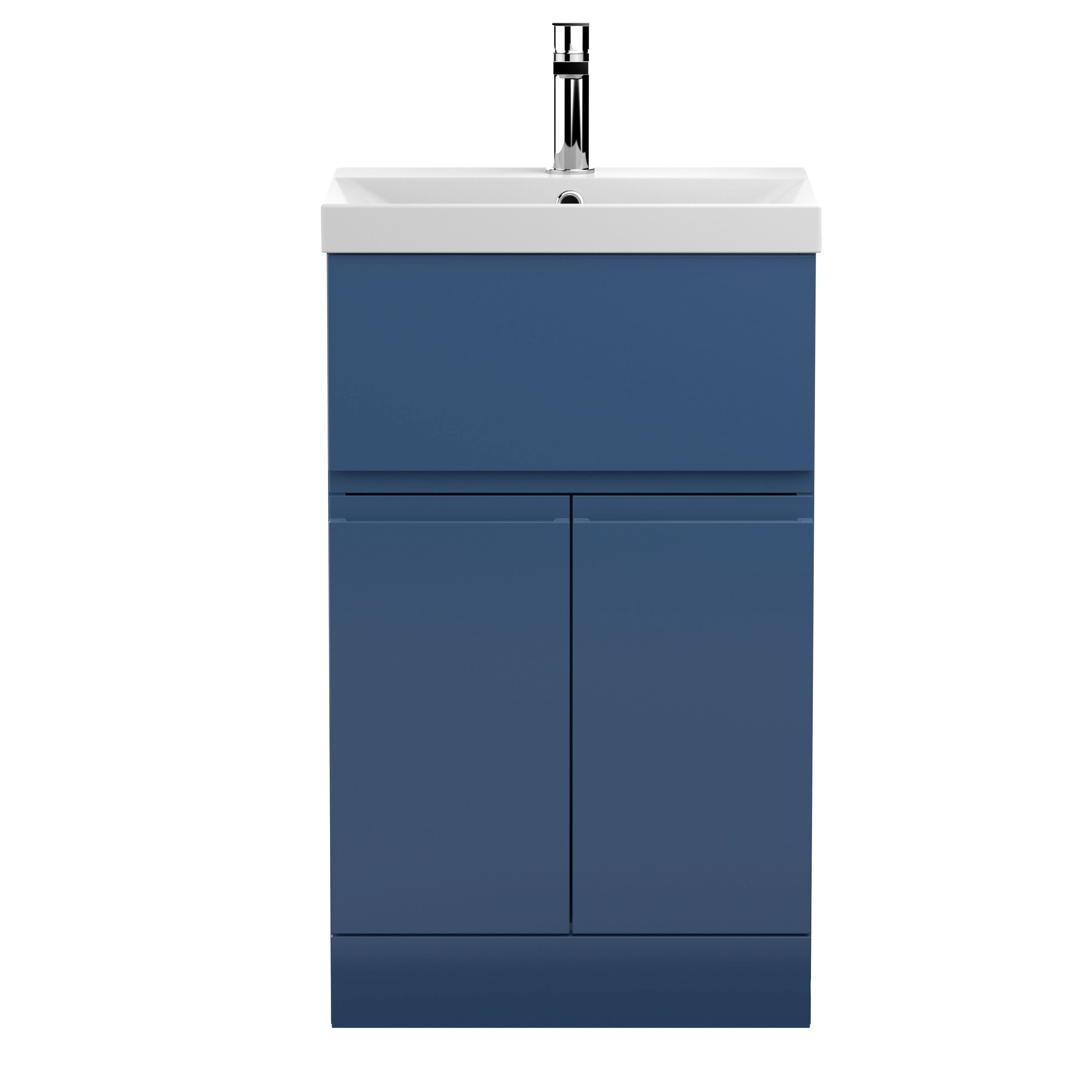 Hudson Reed Urban Floor Standing 2 Door 1 Drawer Vanity Unit with Thin-Edge Basin, Modern Vanity Unit in Satin Blue, 500mm