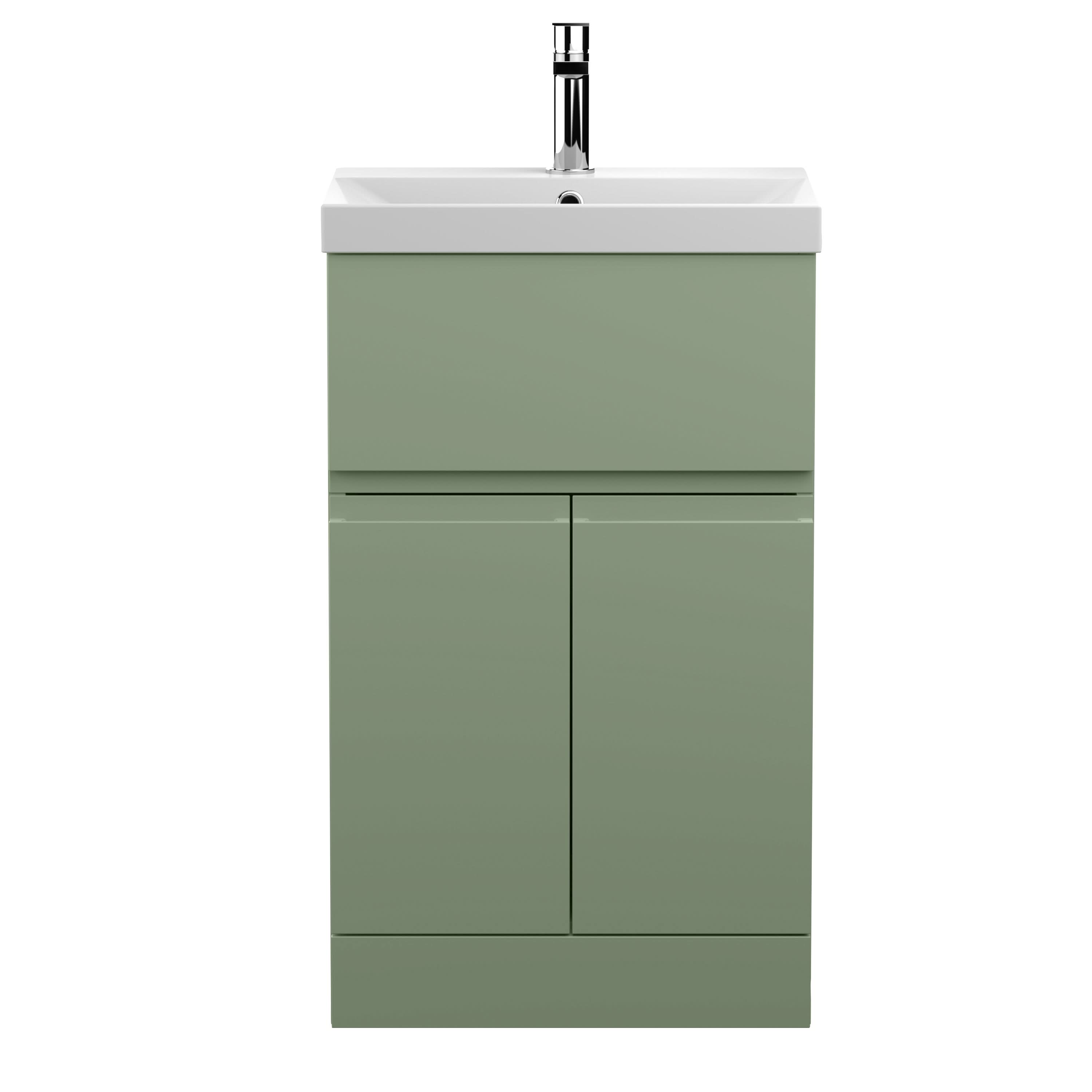 Hudson Reed Urban Floor Standing 2 Door 1 Drawer Vanity Unit with Thin-Edge Basin, Modern Vanity Unit in Satin Green, 500mm