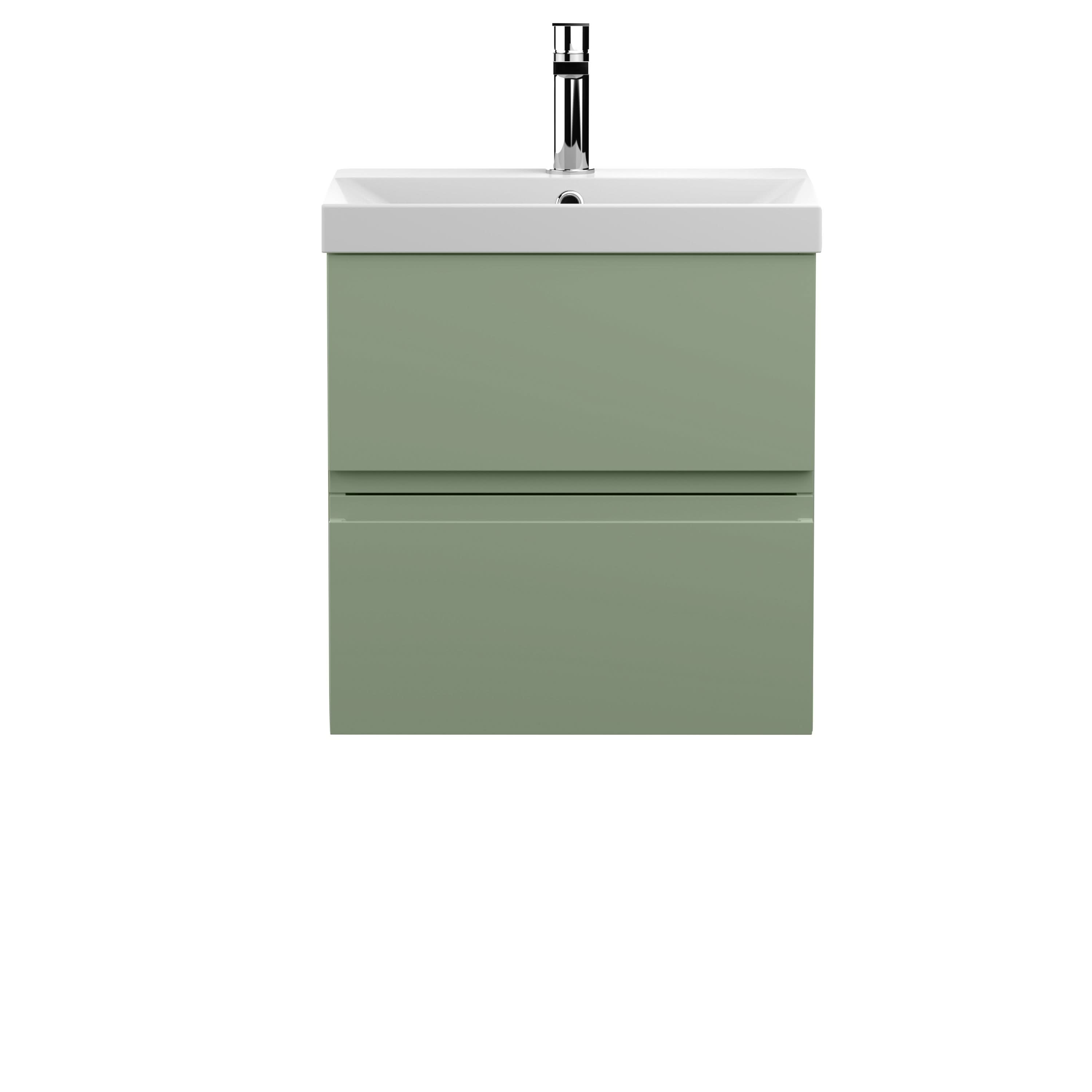Hudson Reed Urban Wall Hung 2 Drawer Vanity Unit with Thin-Edge Ceramic Basin, Modern Bathroom Furniture in Satin Green, 500mm