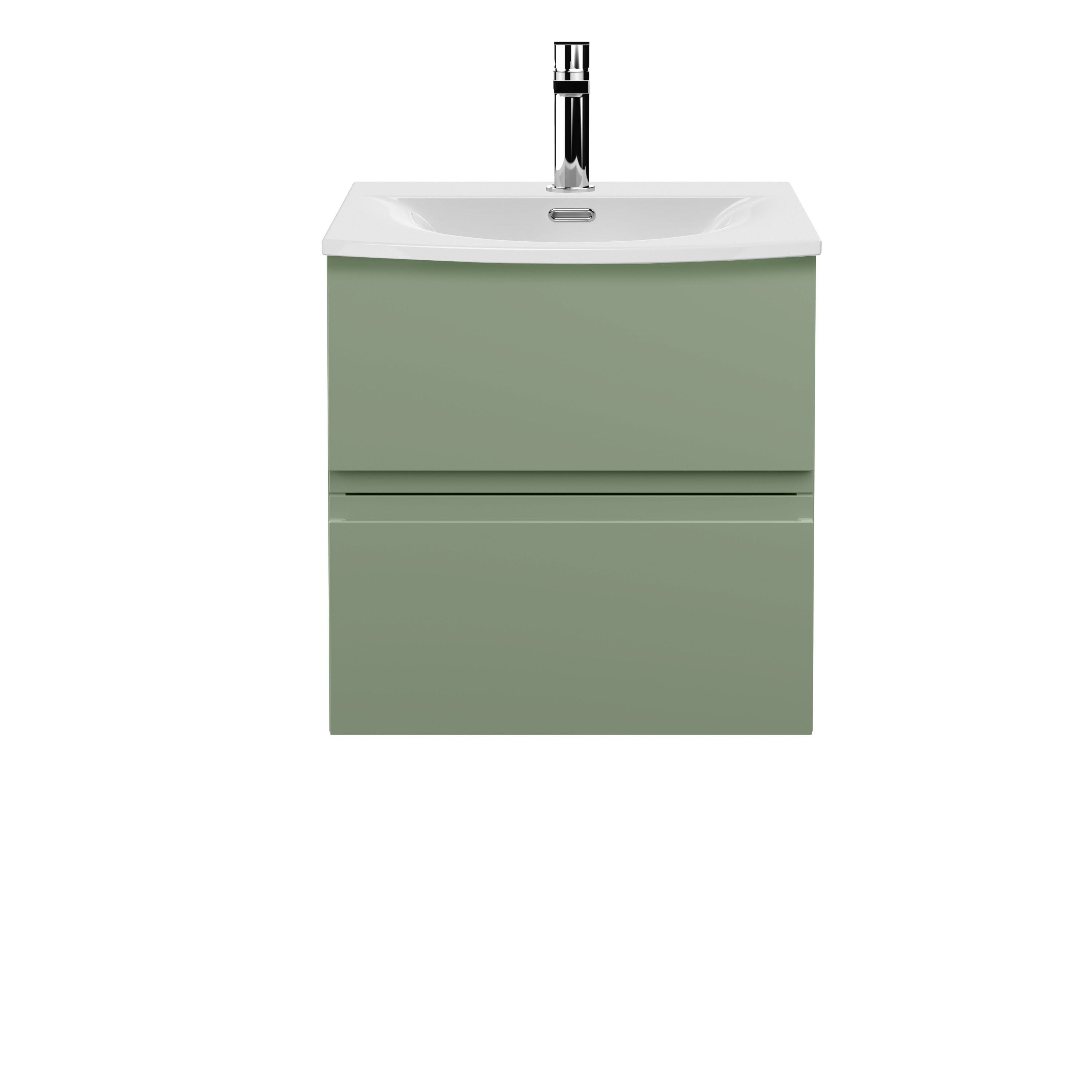 Hudson Reed Urban Wall Hung 2 Drawer Vanity Unit with Curved Ceramic Basin, Modern Bathroom Furniture in Satin Green, 500mm