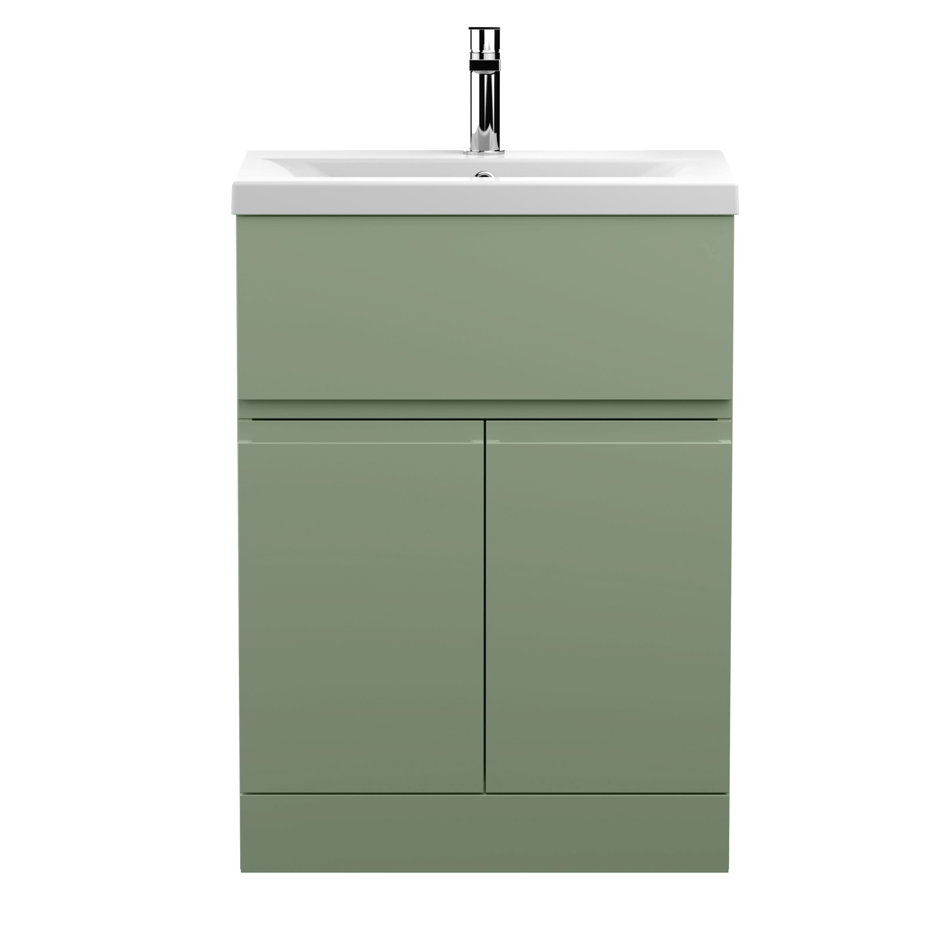 Hudson Reed Urban Floor Standing 2 Door 1 Drawer Vanity Unit with Mid-Edge Basin, Durable Modern Vanity Unit in Satin Green, 600mm
