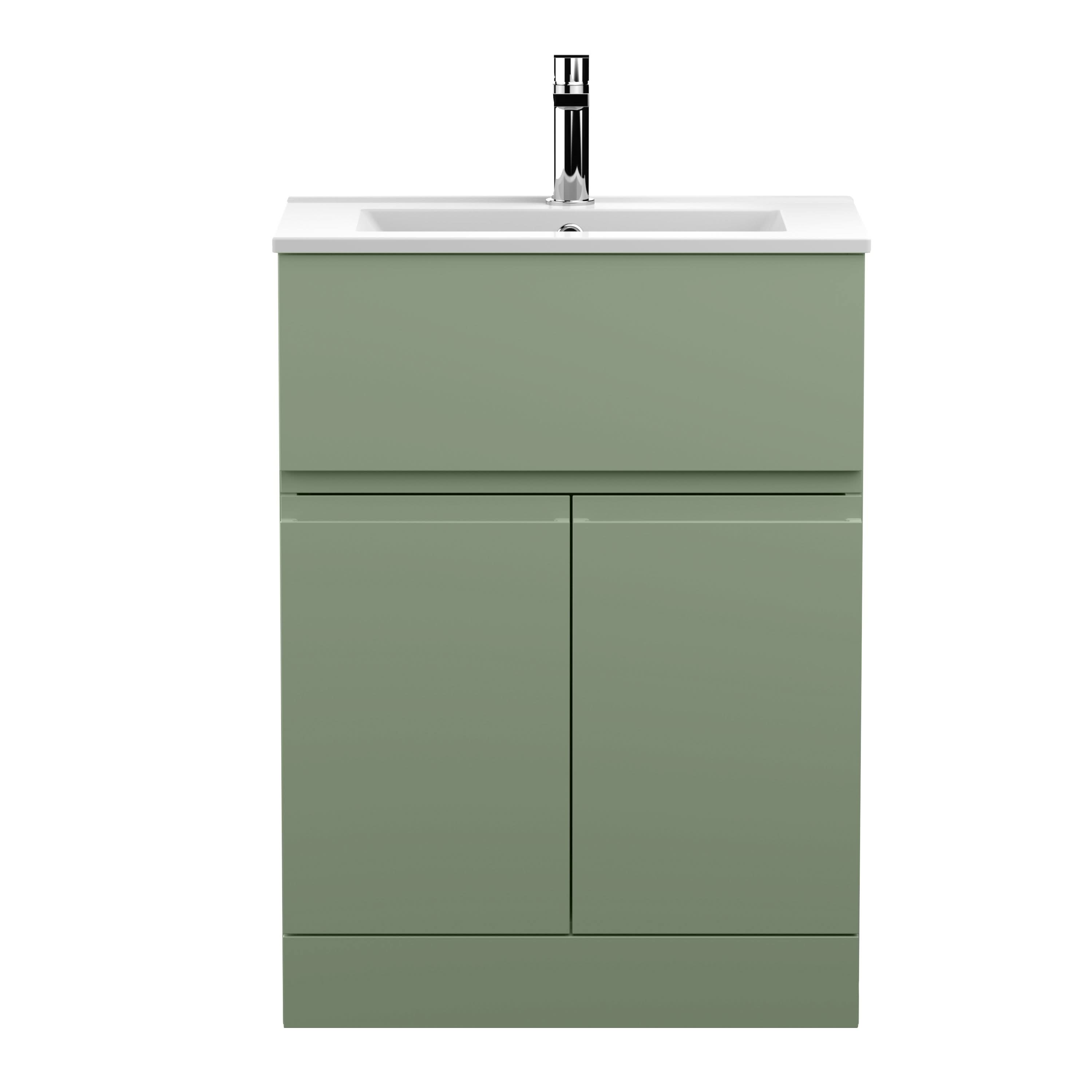 Hudson Reed Urban Floor Standing 2 Door 1 Drawer Vanity Unit with Minimalist Basin, Modern Vanity Unit in Satin Green, 600mm