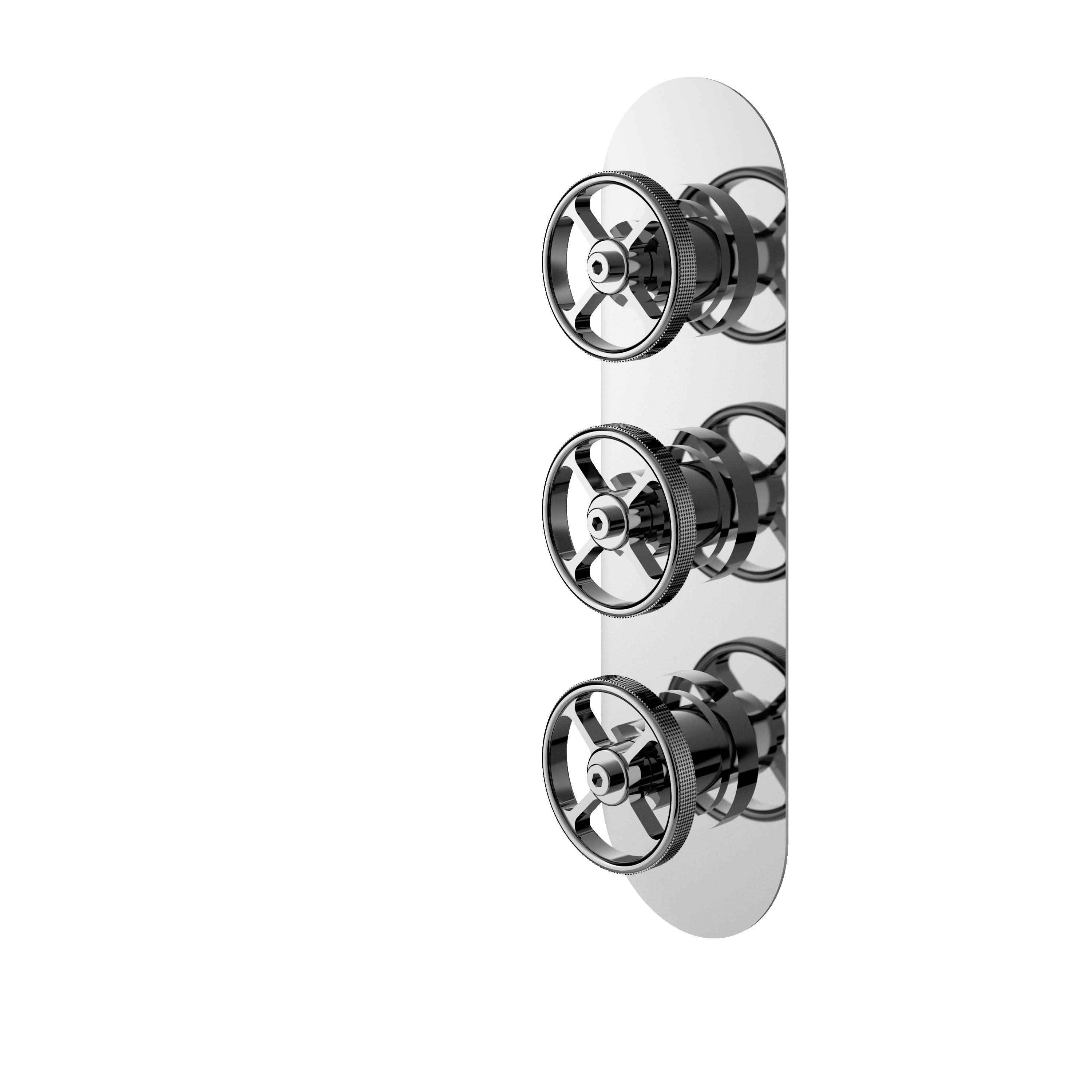 Hudson Reed Industrial Triple Thermostatic Concealed Shower Valve with Diverter, Durable Round Backplate 3 Crosshead Handle with Vertical/Horizontal Fit in Chrome