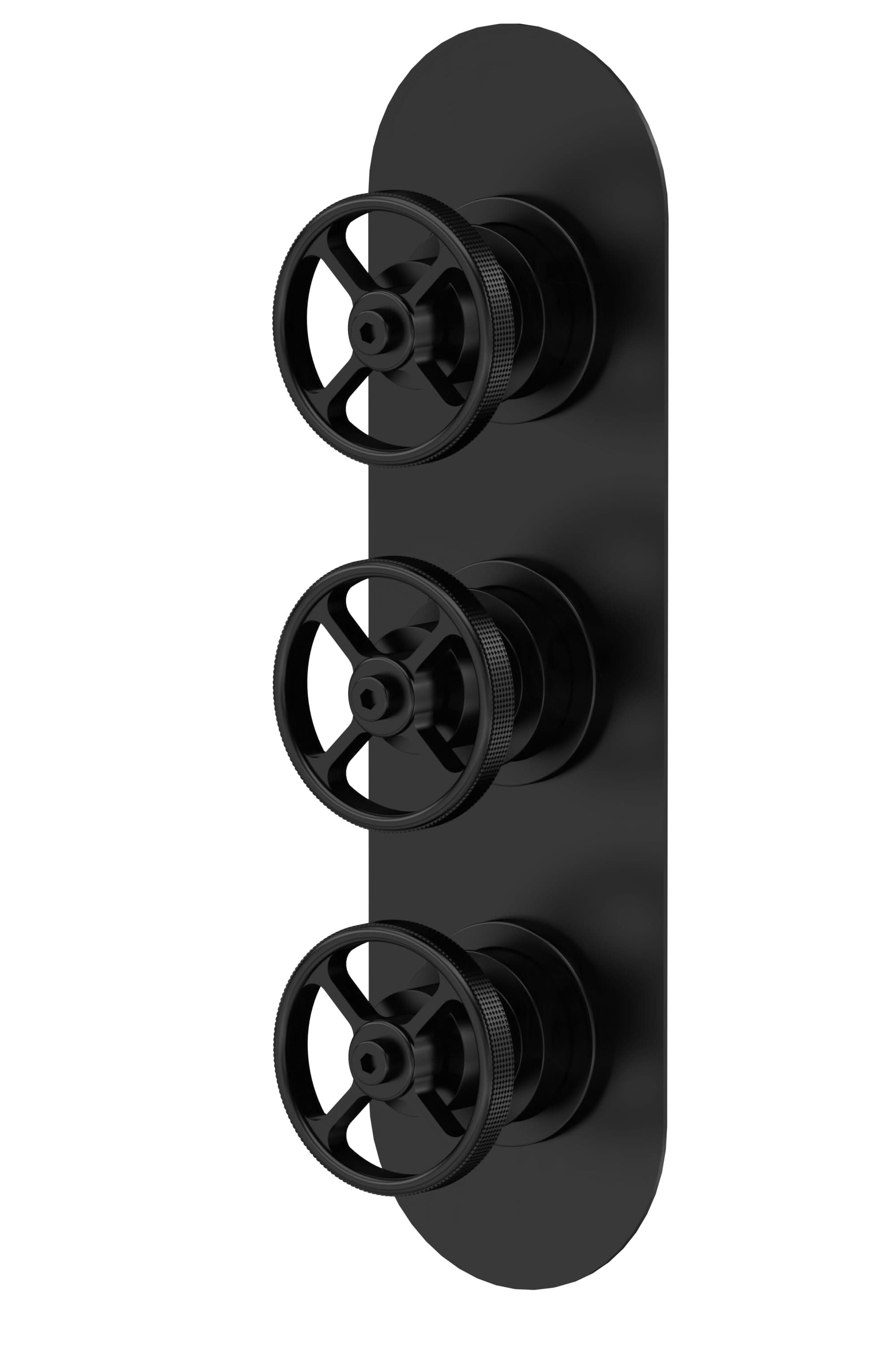 Hudson Reed Industrial Triple Thermostatic Concealed Shower Valve, Durable Round Backplate 3 Crosshead Handle, Modern Shower Accessories with Vertical/Horizontal Fit in Matt Black