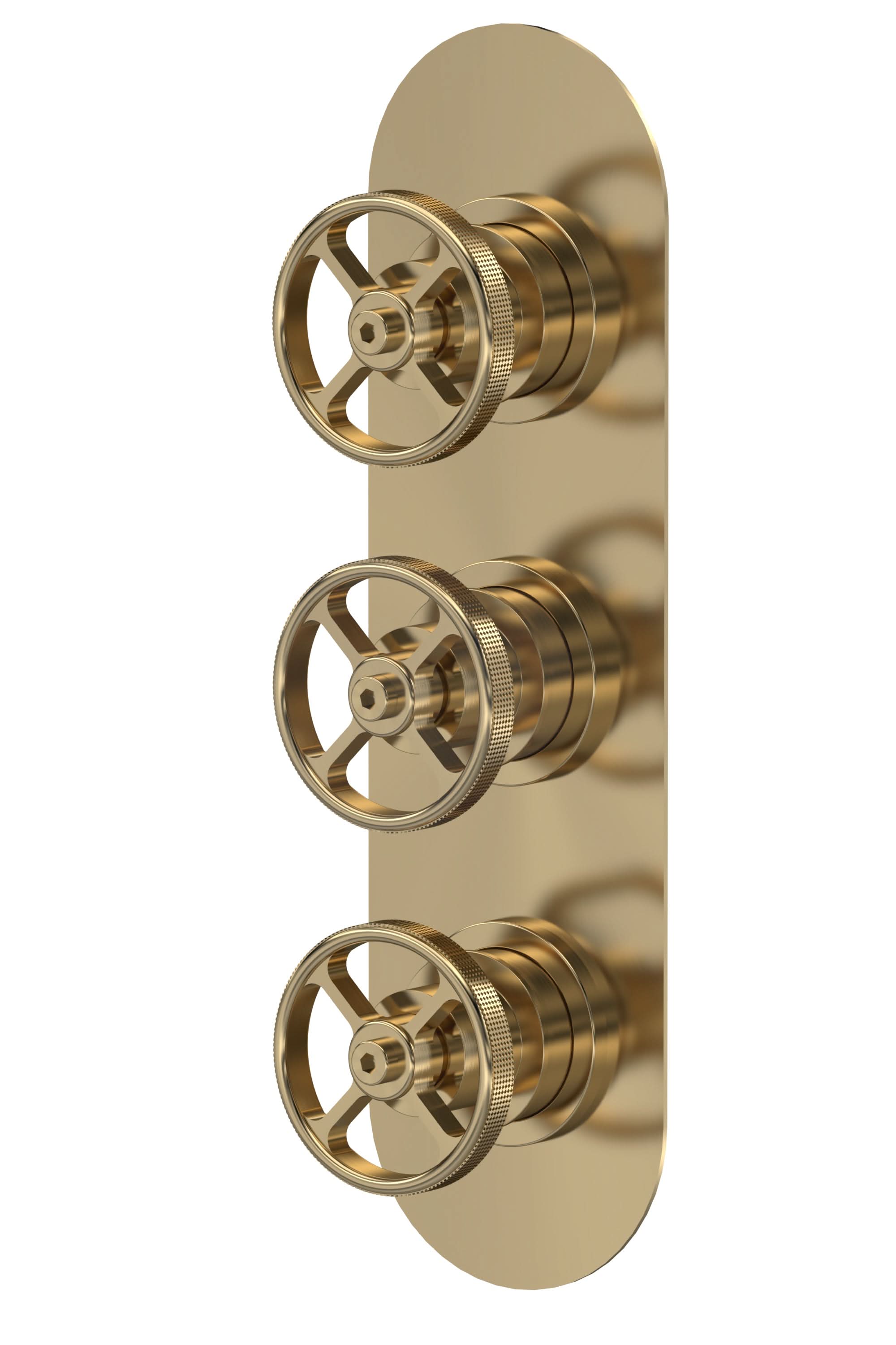 Hudson Reed Industrial Triple Thermostatic Concealed Shower Valve, Durable Round Backplate 3 Crosshead Handle, Modern Shower Accessories with Vertical/Horizontal Fit in Brushed Brass