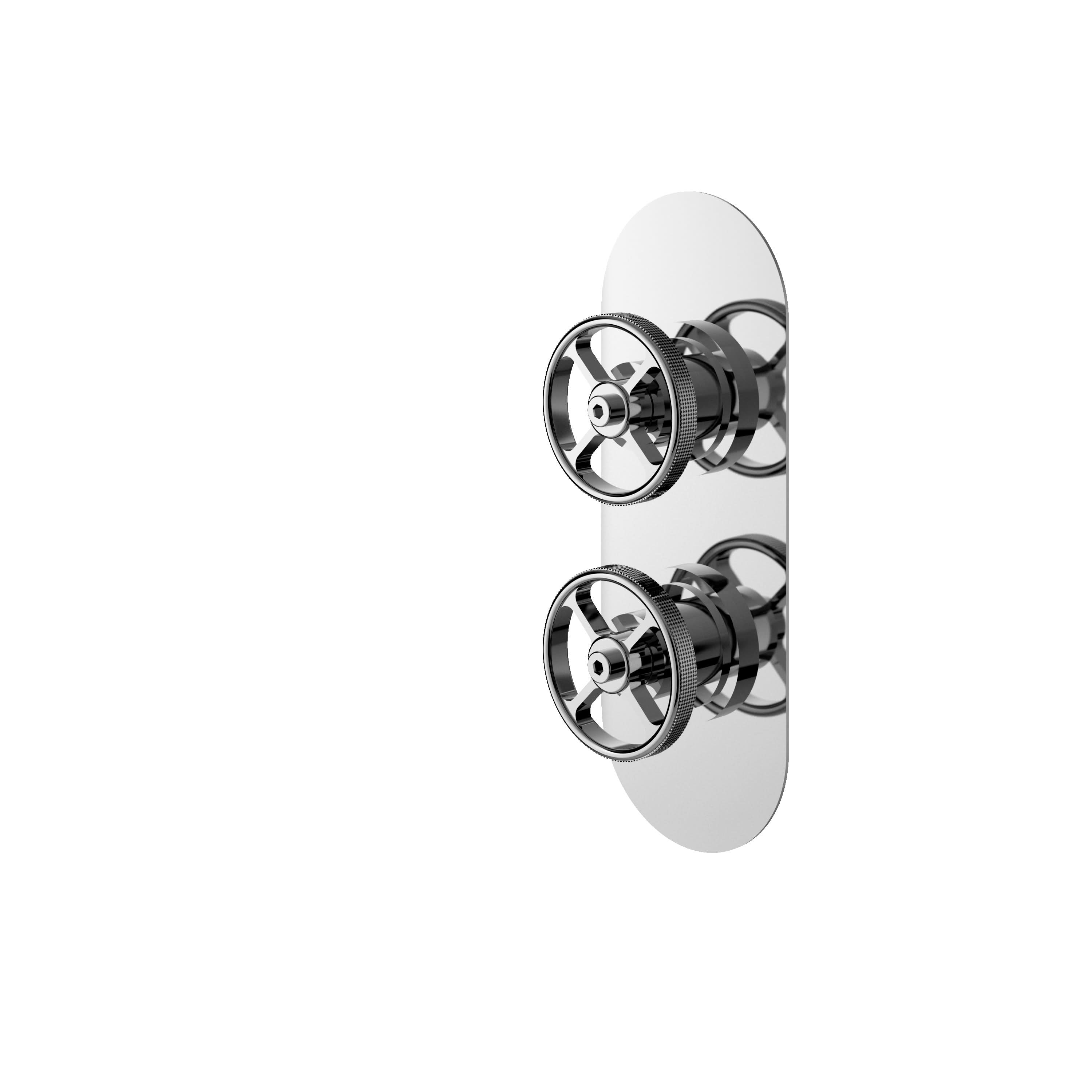 Hudson Reed Industrial Twin Thermostatic Concealed Shower Valve with Diverter, Durable Round Backplate 2 Crosshead Handle with Vertical/Horizontal Fit in Chrome Finish