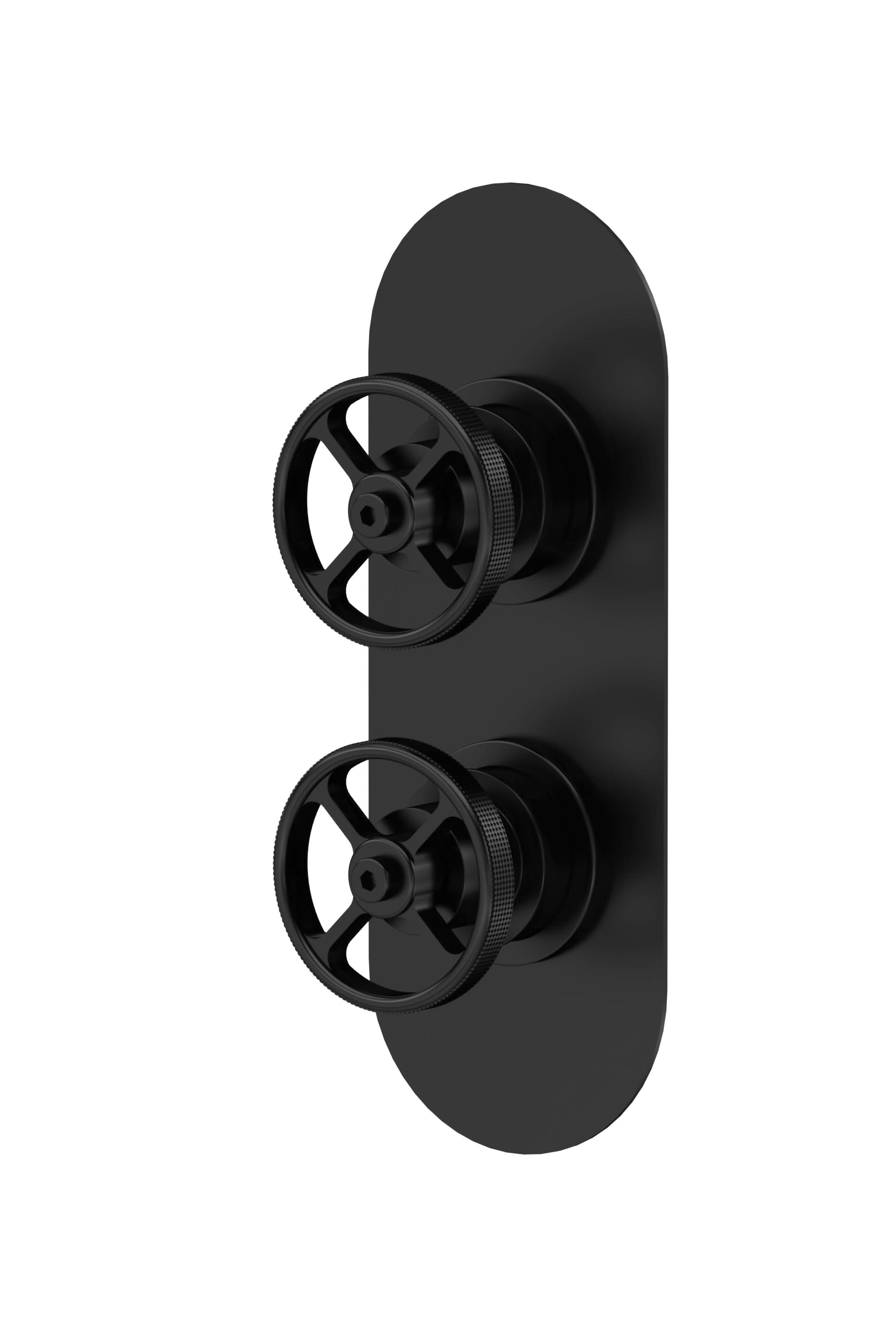 Hudson Reed Industrial Twin Thermostatic Concealed Shower Valve with Diverter, Durable Round Backplate 2 Crosshead Handle with Vertical/Horizontal Fit in Matt Black