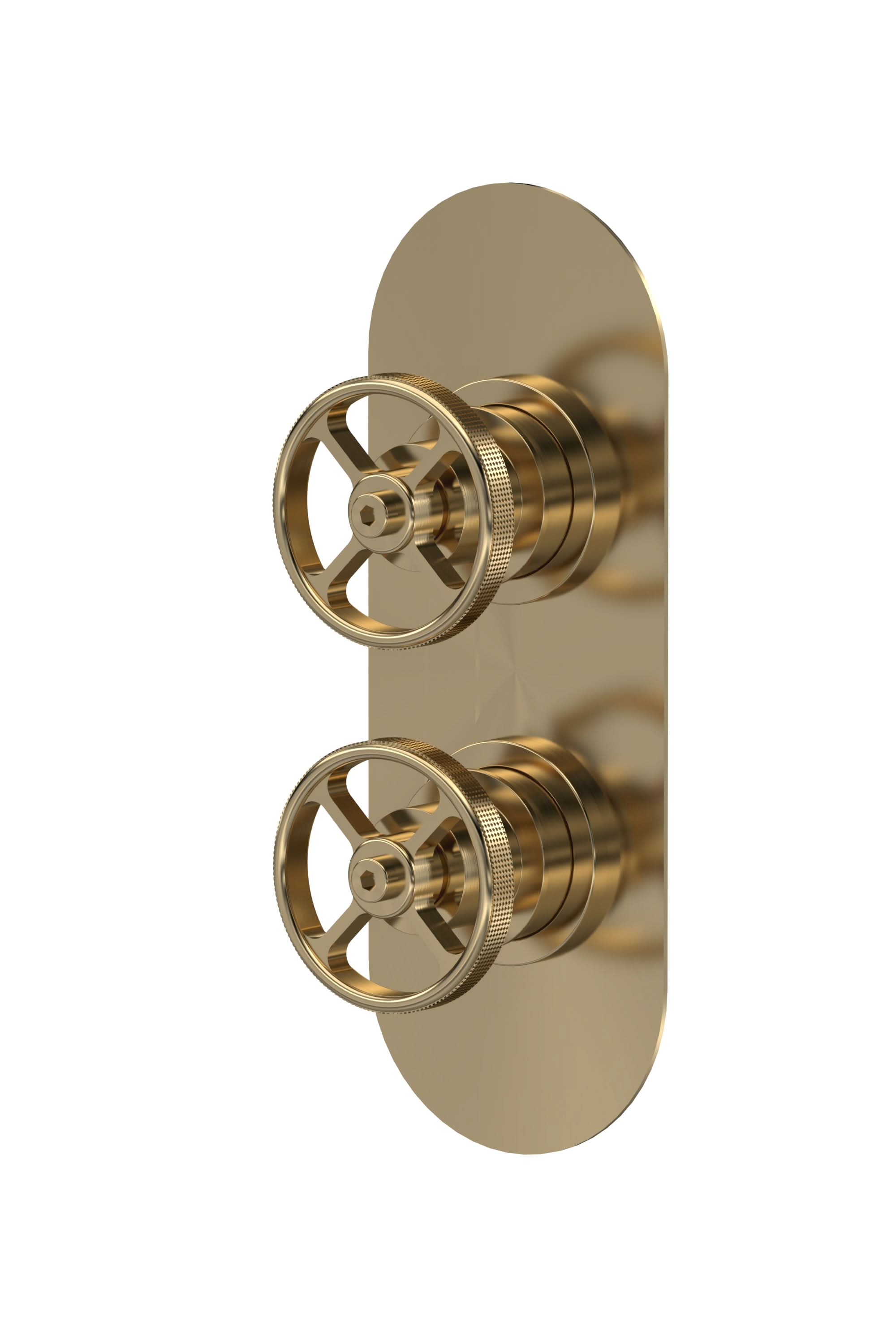 Hudson Reed Industrial Twin Thermostatic Concealed Shower Valve, Durable Round Backplate 2 Crosshead Handle with Vertical/Horizontal Fit in Brushed Brass
