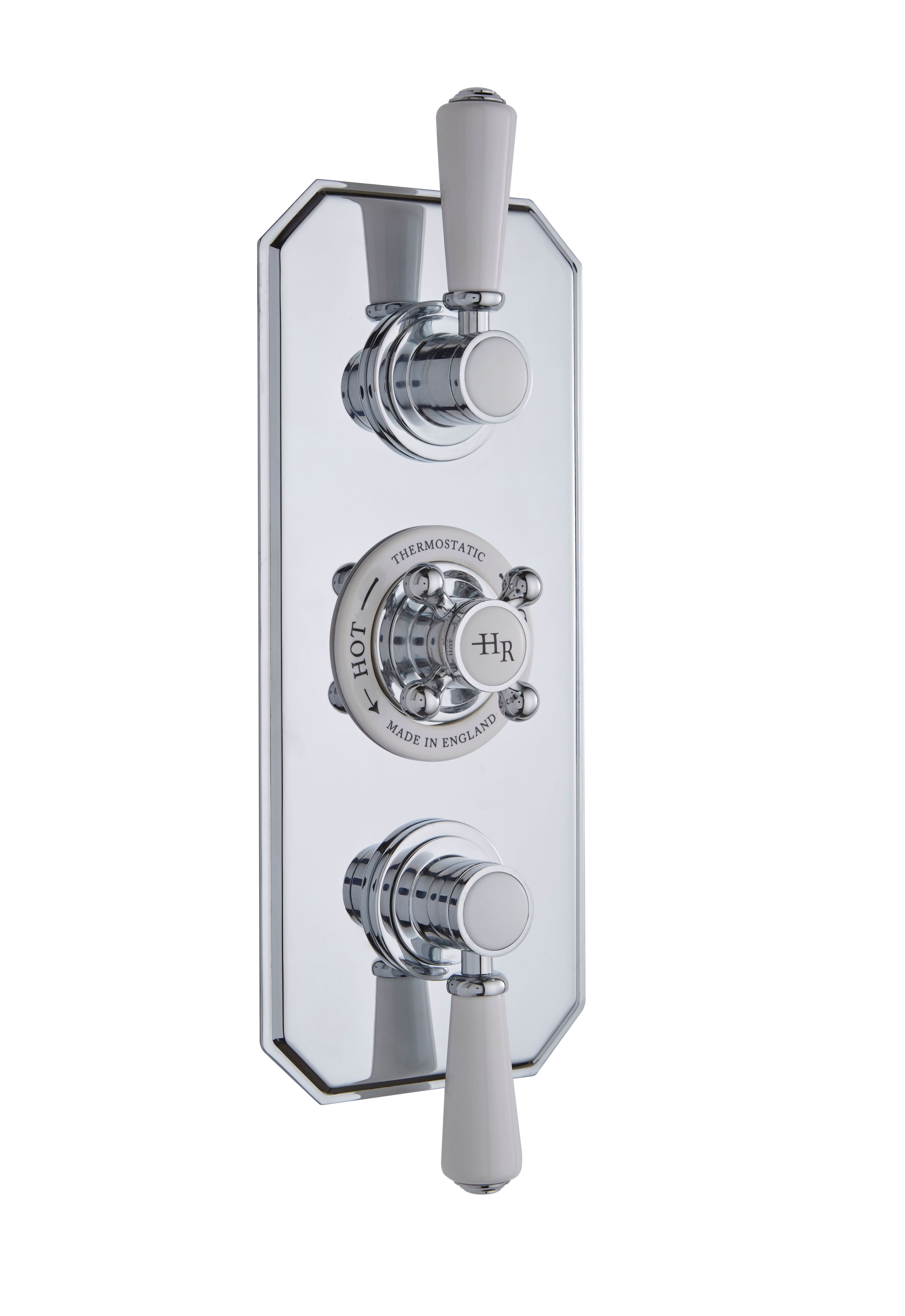 Old London White Topaz Twin Thermostatic Concealed Shower Valve, Durable Crosshead Handle and Dual Topaz Lever Traditional Bathroom and Shower Accessories in Chrome