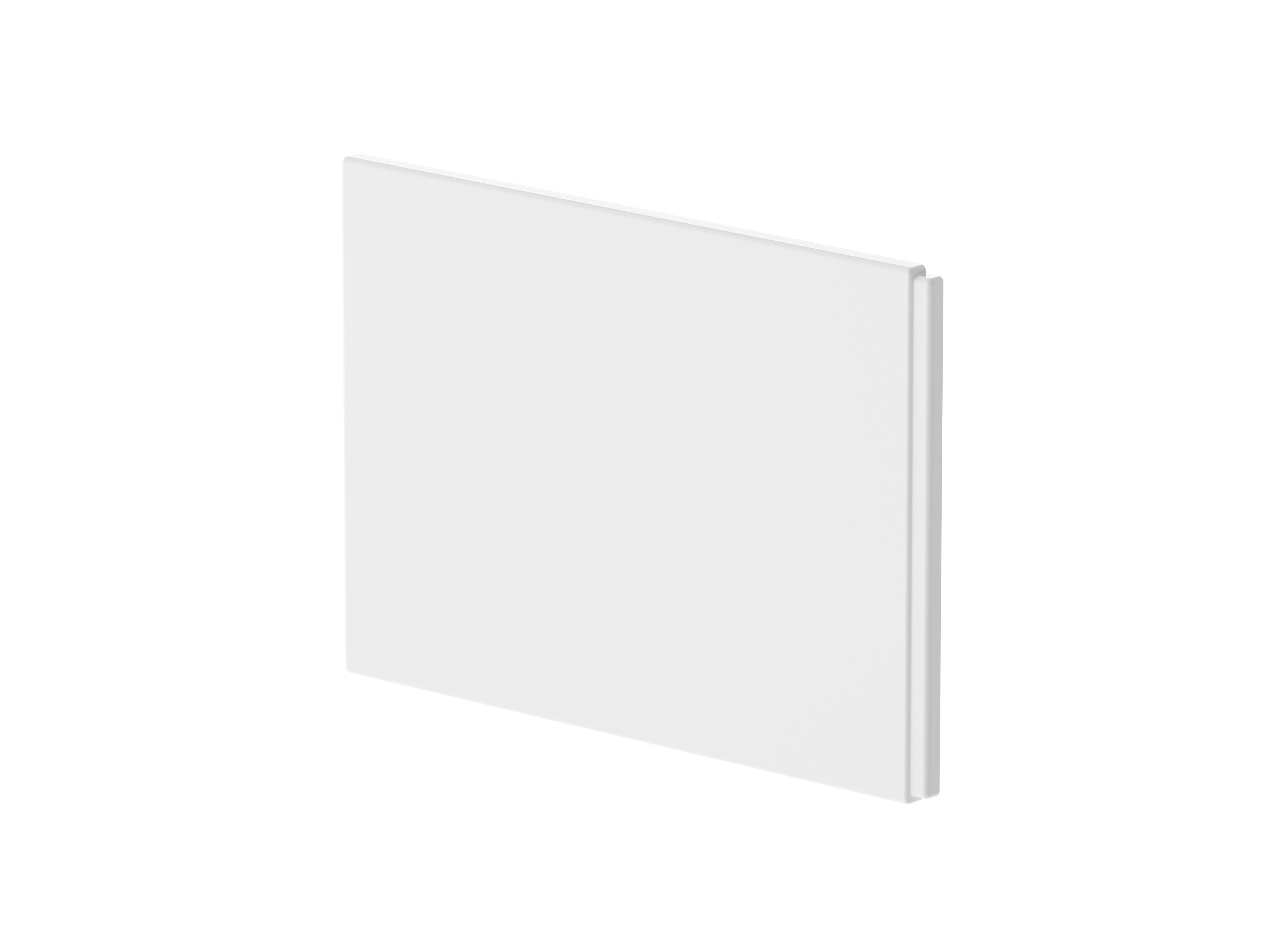 The Nuie B Shaped Shower Bath End Panel - 750mm in white features a minimalistic design with smooth surfaces and slightly beveled edges, shown here with its slim, rectangular acrylic profile against a white background.