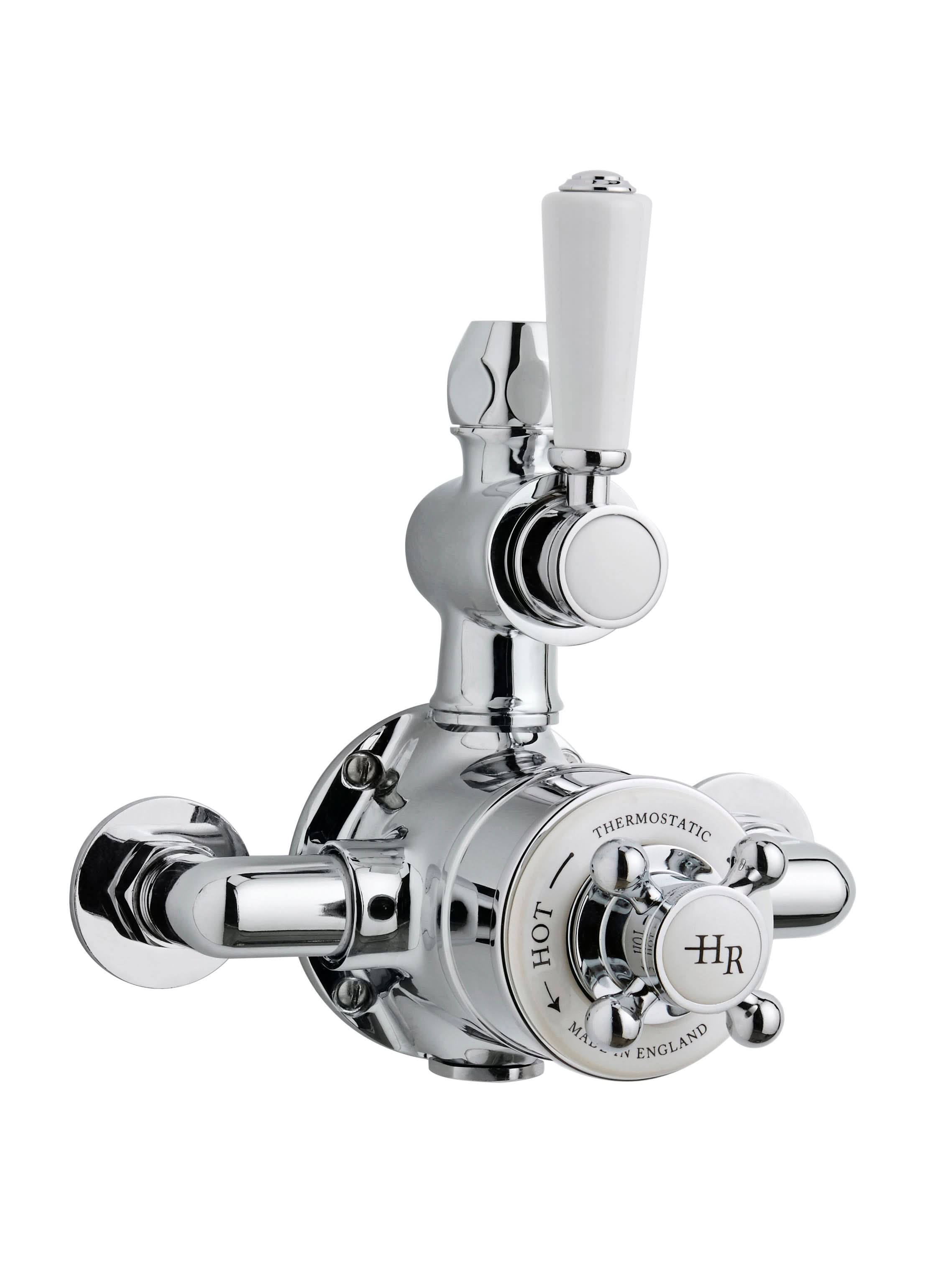 Old London Twin Thermostatic Exposed Shower Valve in White Topaz, Solid 2 Crosshead Handle, Accurate Flow Control in Chrome Finish