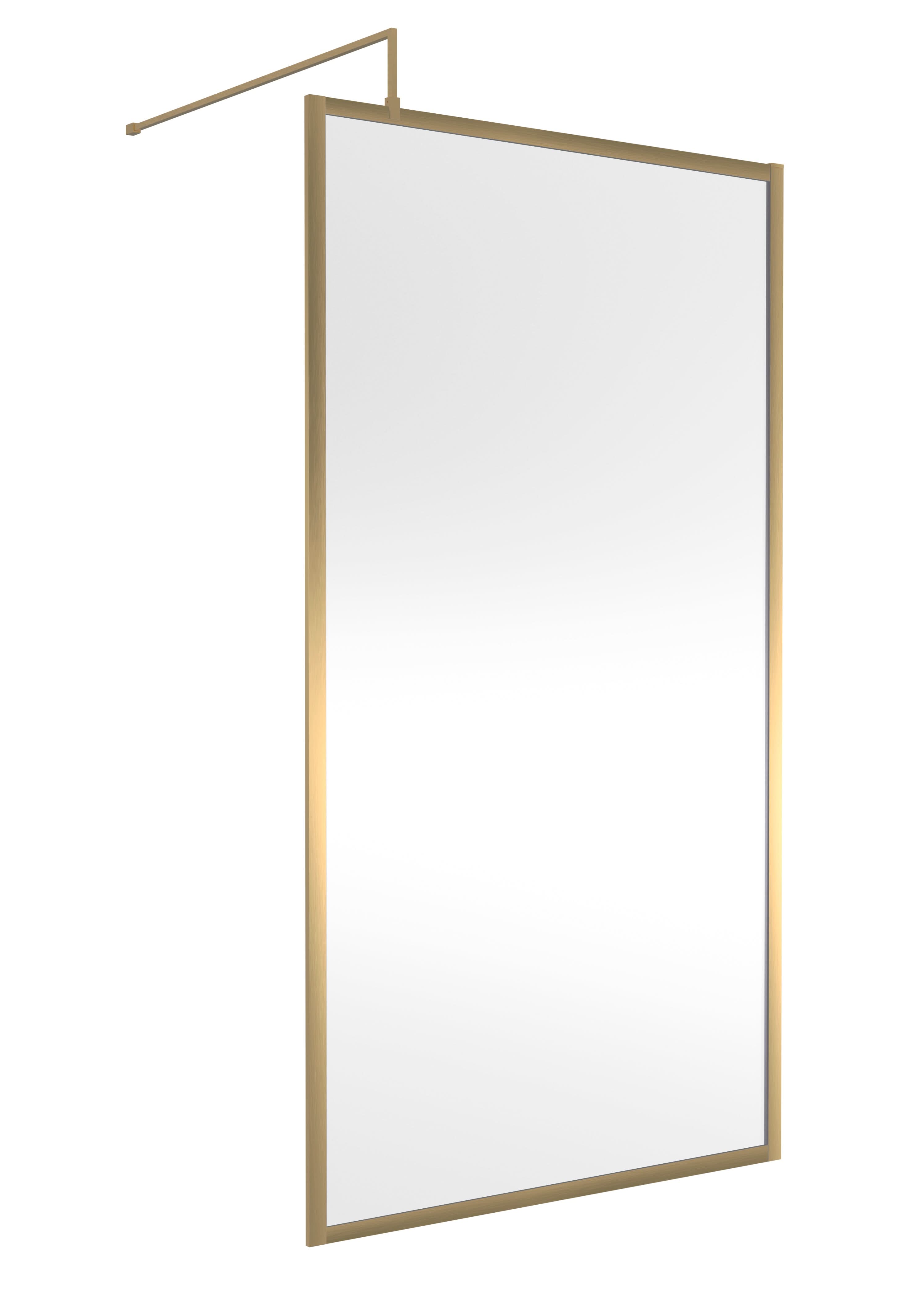 Hudson Reed Full Outer Frame Wetroom Screen, Toughened Glass with Support Bar & Wetroom Shower Screen in Brushed Brass, 1950x1100mm