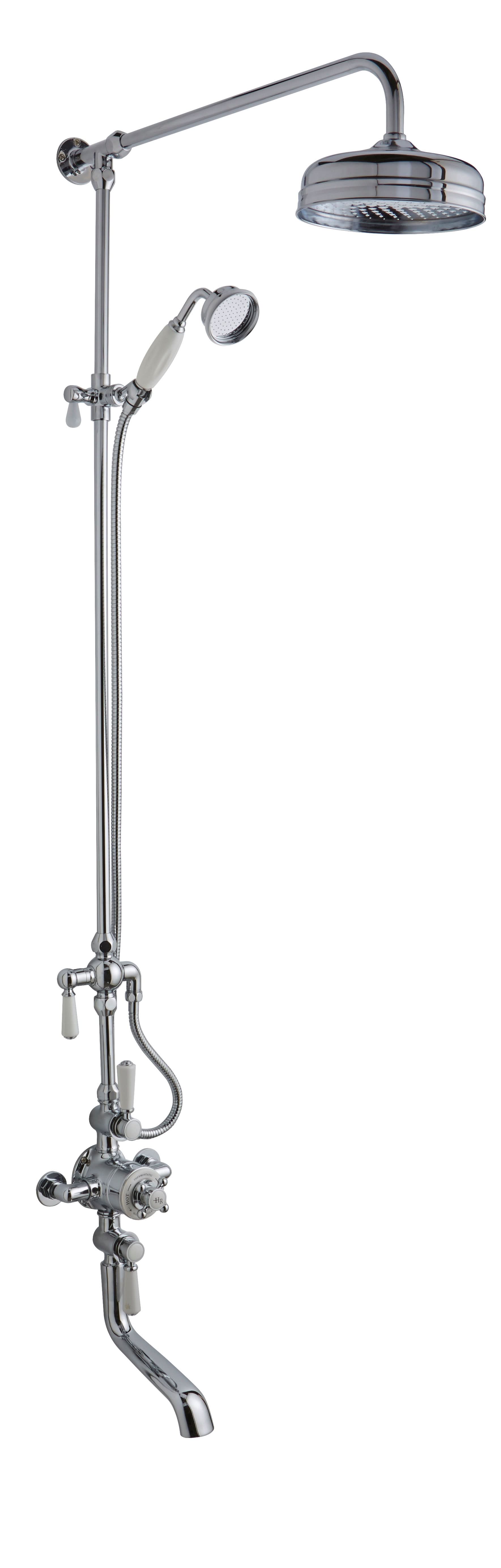Old London Triple Thermostatic Exposed Shower Valve with Rigid Riser and Topaz, 3 Crosshead Handles, Complete Set in Chrome