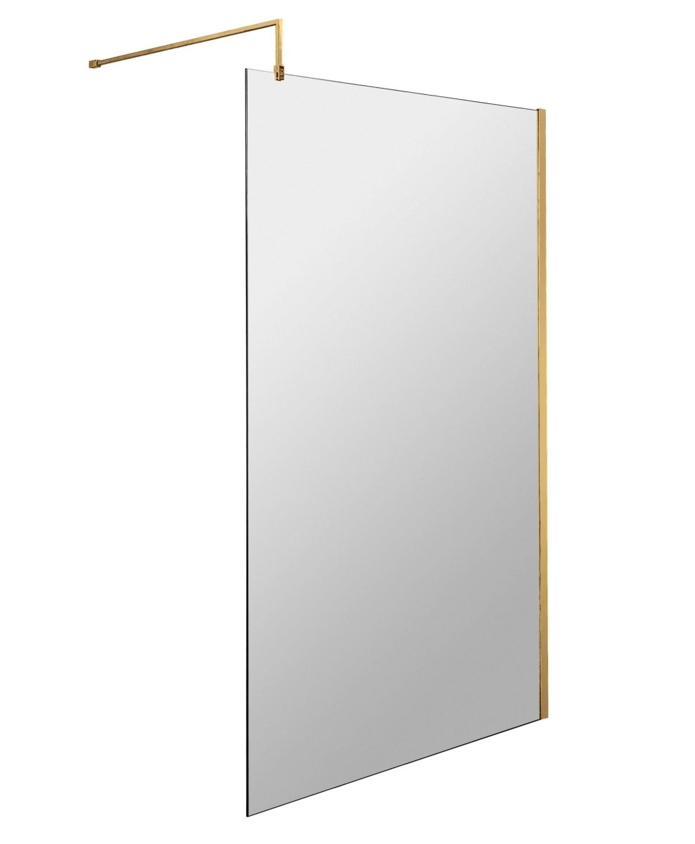 Hudson Reed Wetroom Screen & Support Bar, Durable Toughened Glass Wet Room Glass Panels Wetroom Shower Screen in Brushed Brass, 1100mm