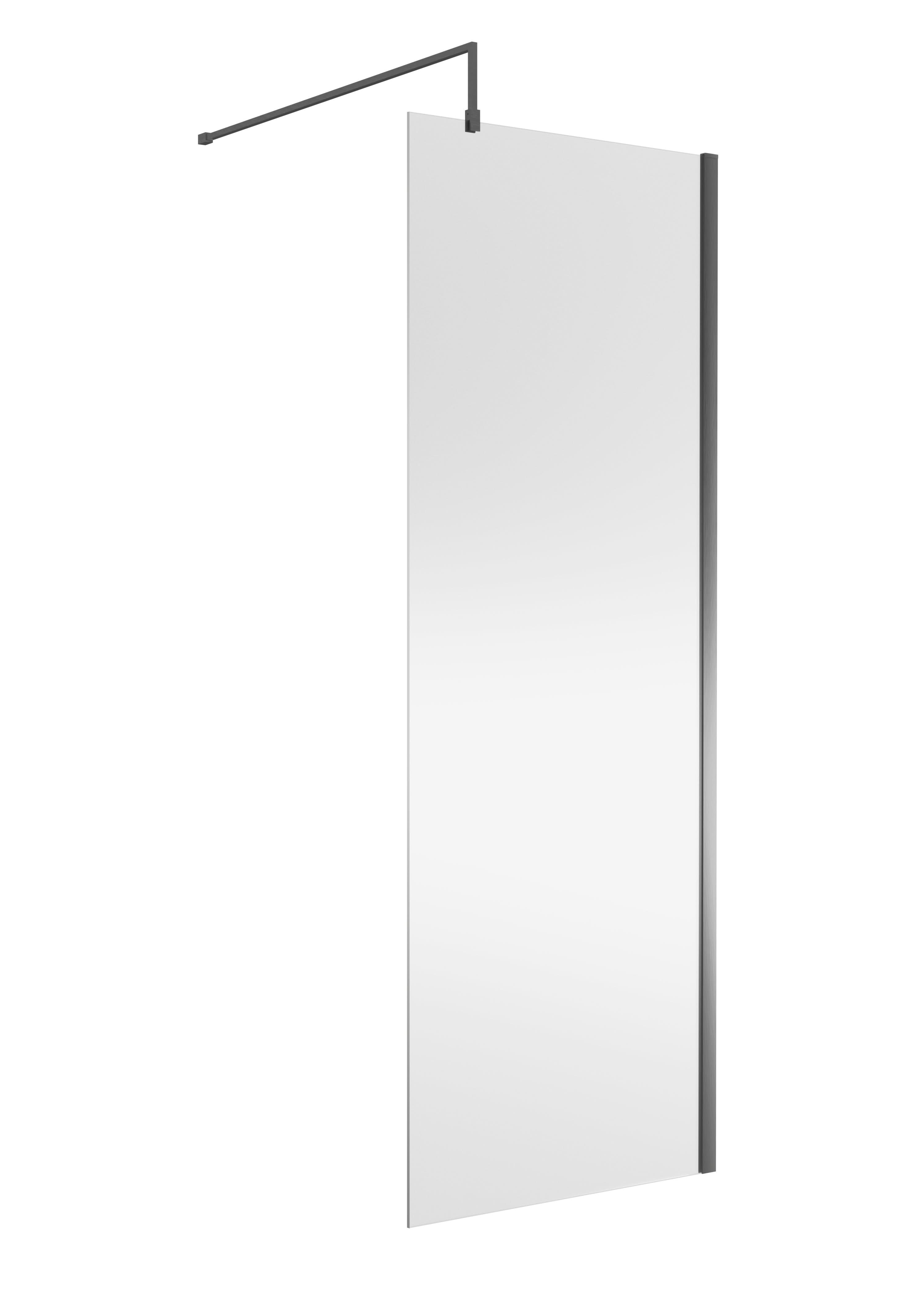 Nuie Wetroom Screen, Durable Toughened Fixed Glass Bathroom Shower Screen with Support Bar in Brushed Pewter, 760 x 1850mm