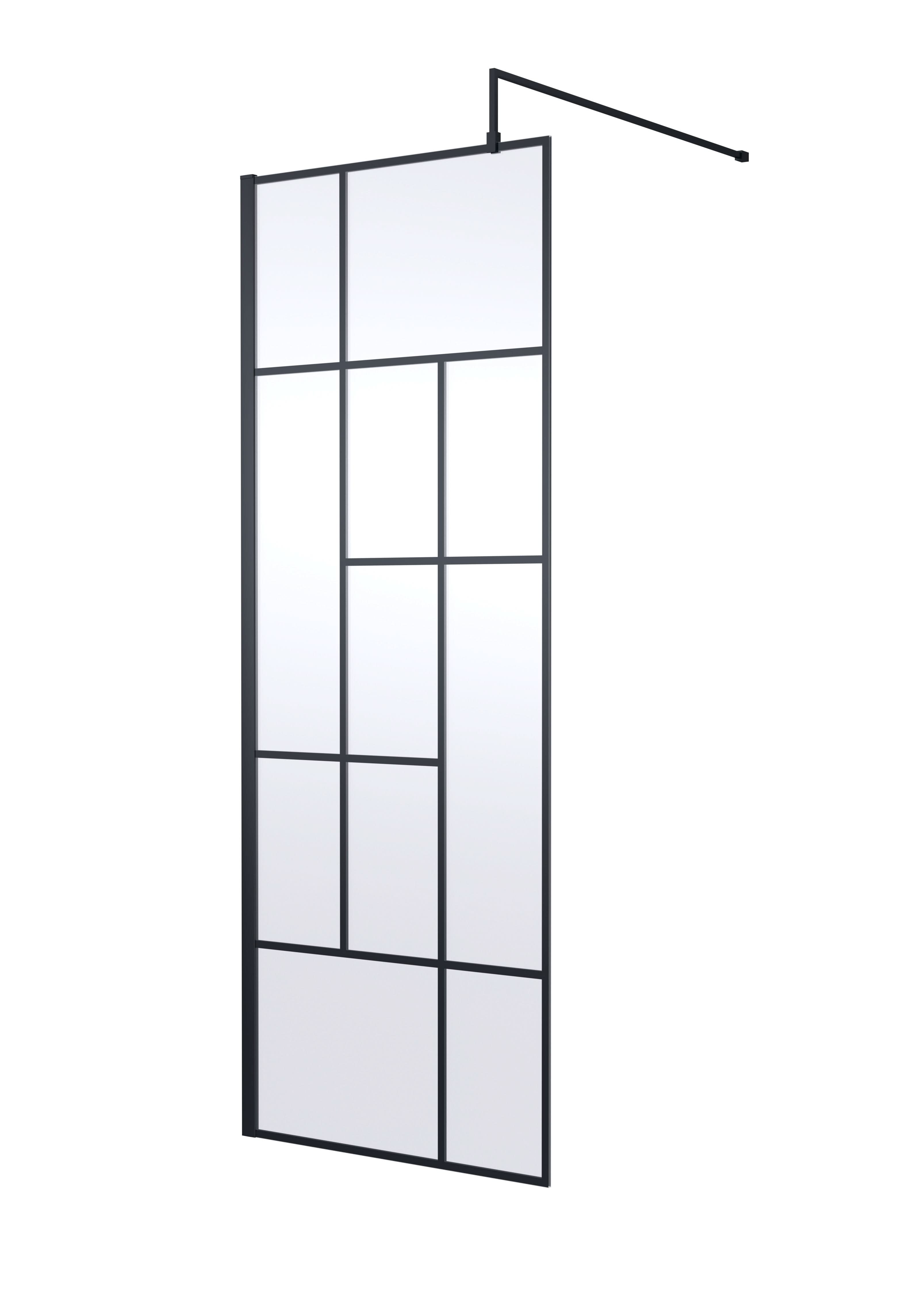 Hudson Reed Abstract Frame Wetroom Screen, Toughened Wet Room Glass Panels with Support Bar & Accessories in Matt Black, 760mm