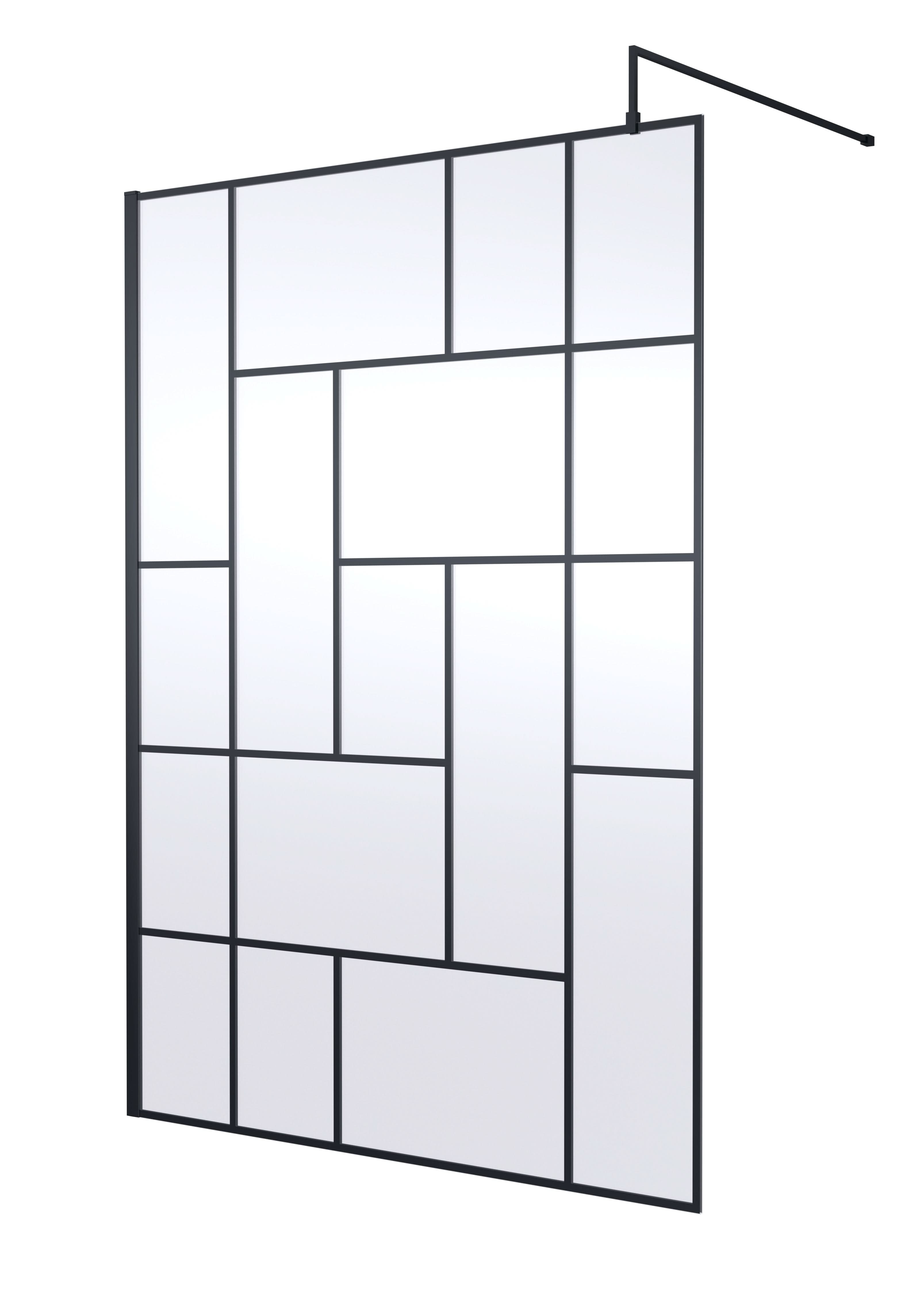 Hudson Reed Abstract Frame Wetroom Screen, Toughened Wet Room Glass Panels with Support Bar & Accessories in Matt Black, 1400mm