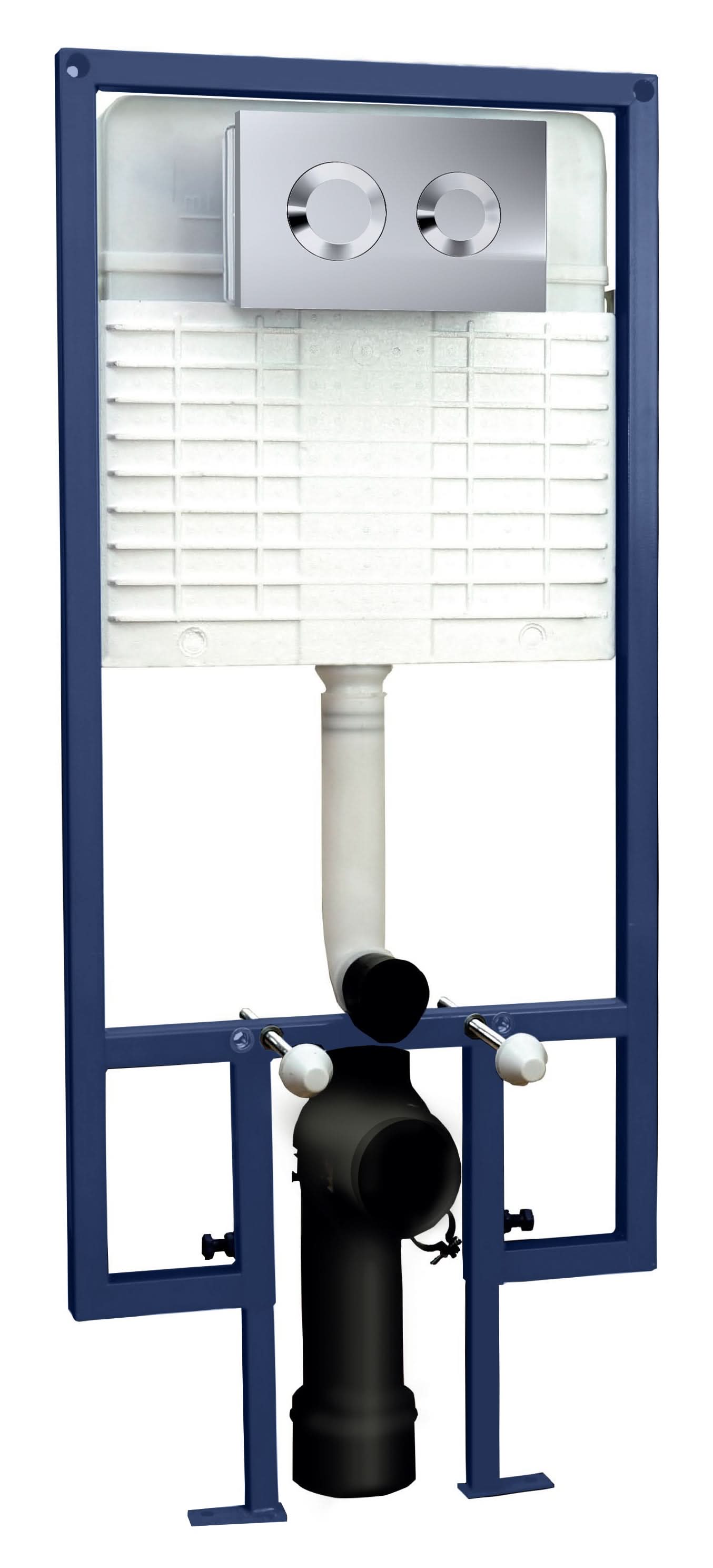 The Nuie Round Concealed Toilet Cistern With Frame - Bright Chrome by Nuie features a dual flush, white tank, wall hung frame, and visible plumbing connections for installation behind a wall.