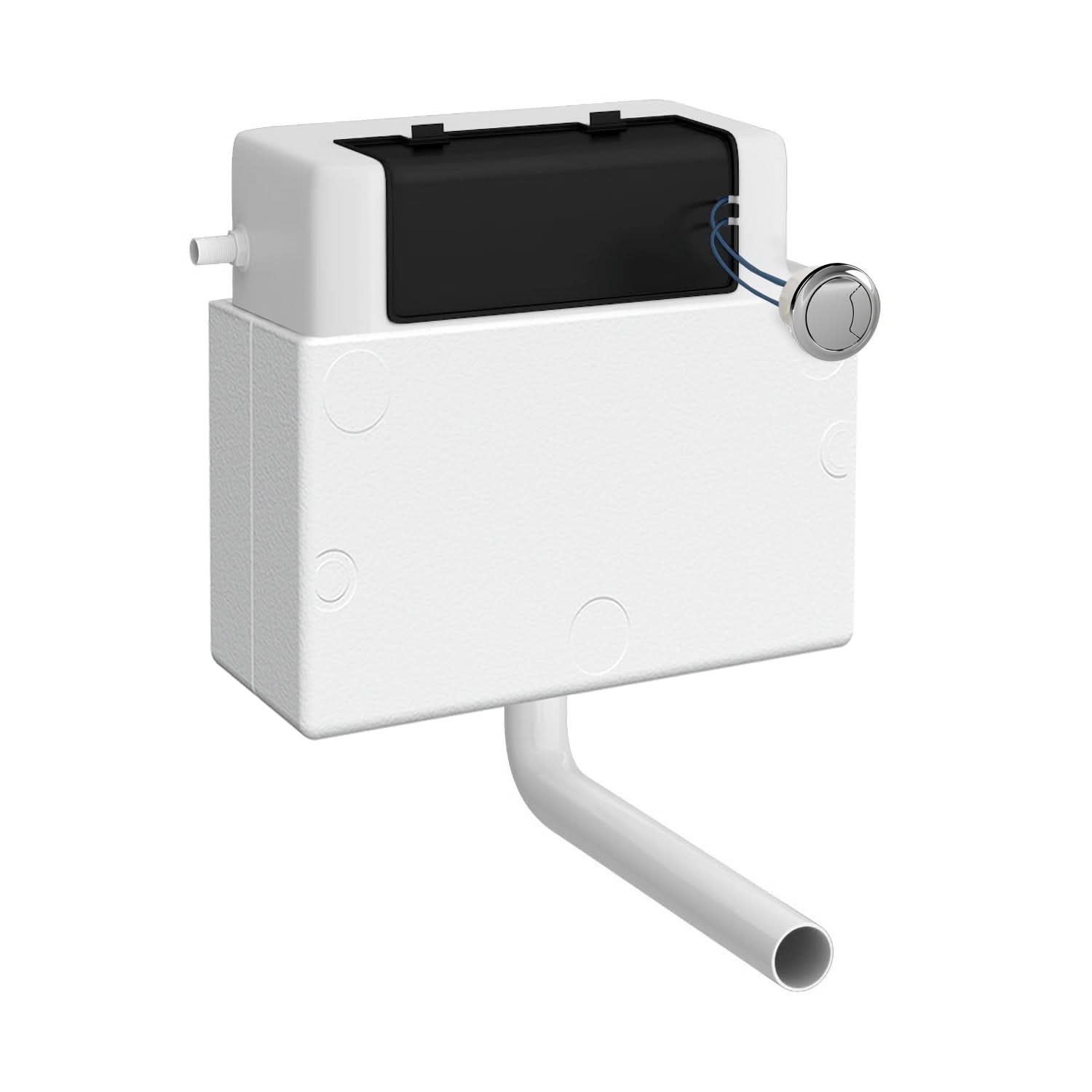 Nuie Universal Access Concealed Toilet Cistern with chrome round flush plate in black and white by Nuie, isolated on a white background.