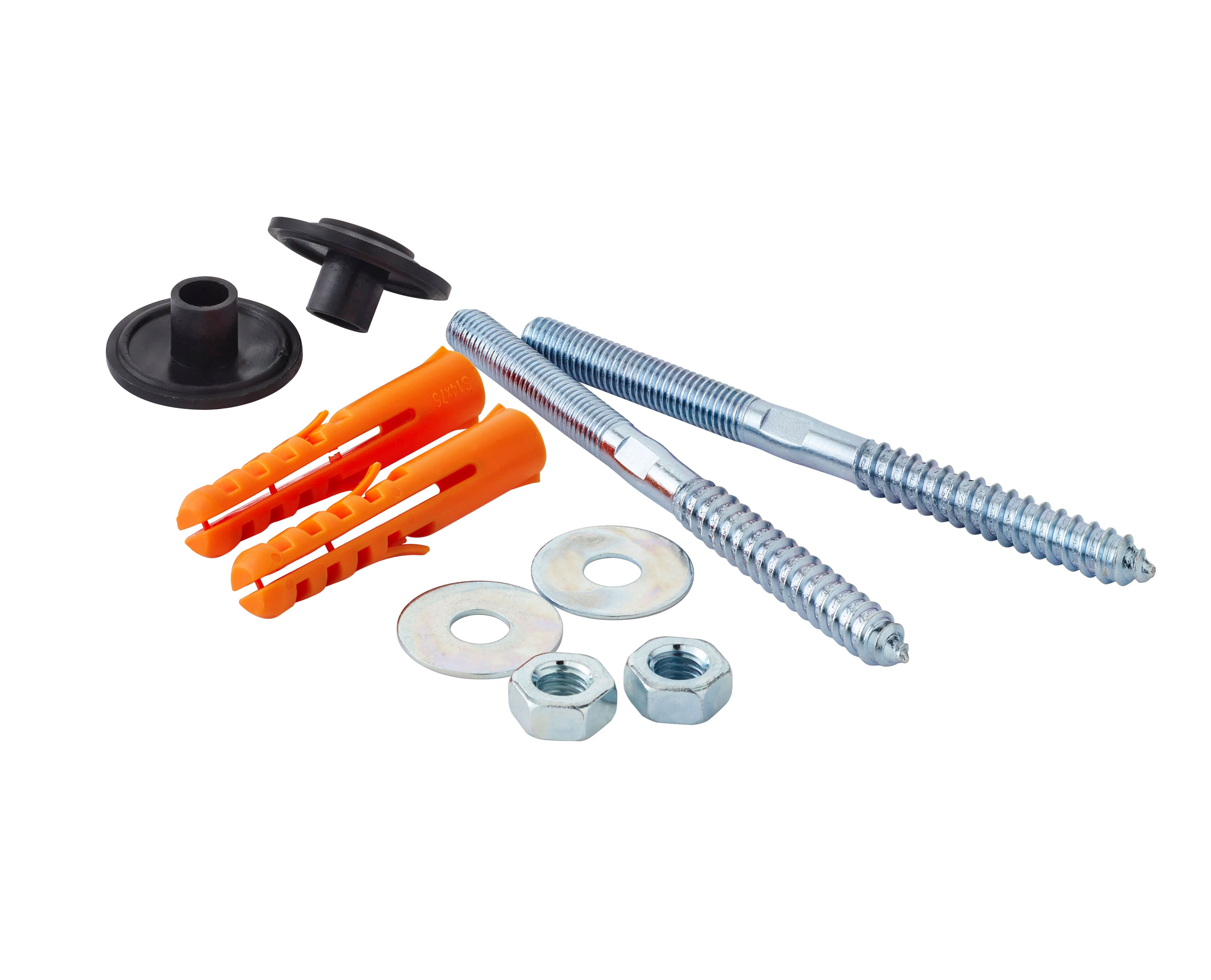 The Nuie Basin Fixing Bolt Set Pair in chrome by Nuie is displayed on a white background, featuring two silver double-ended screws, orange wall plugs, hex nuts, metal washers, and black rubber washers.