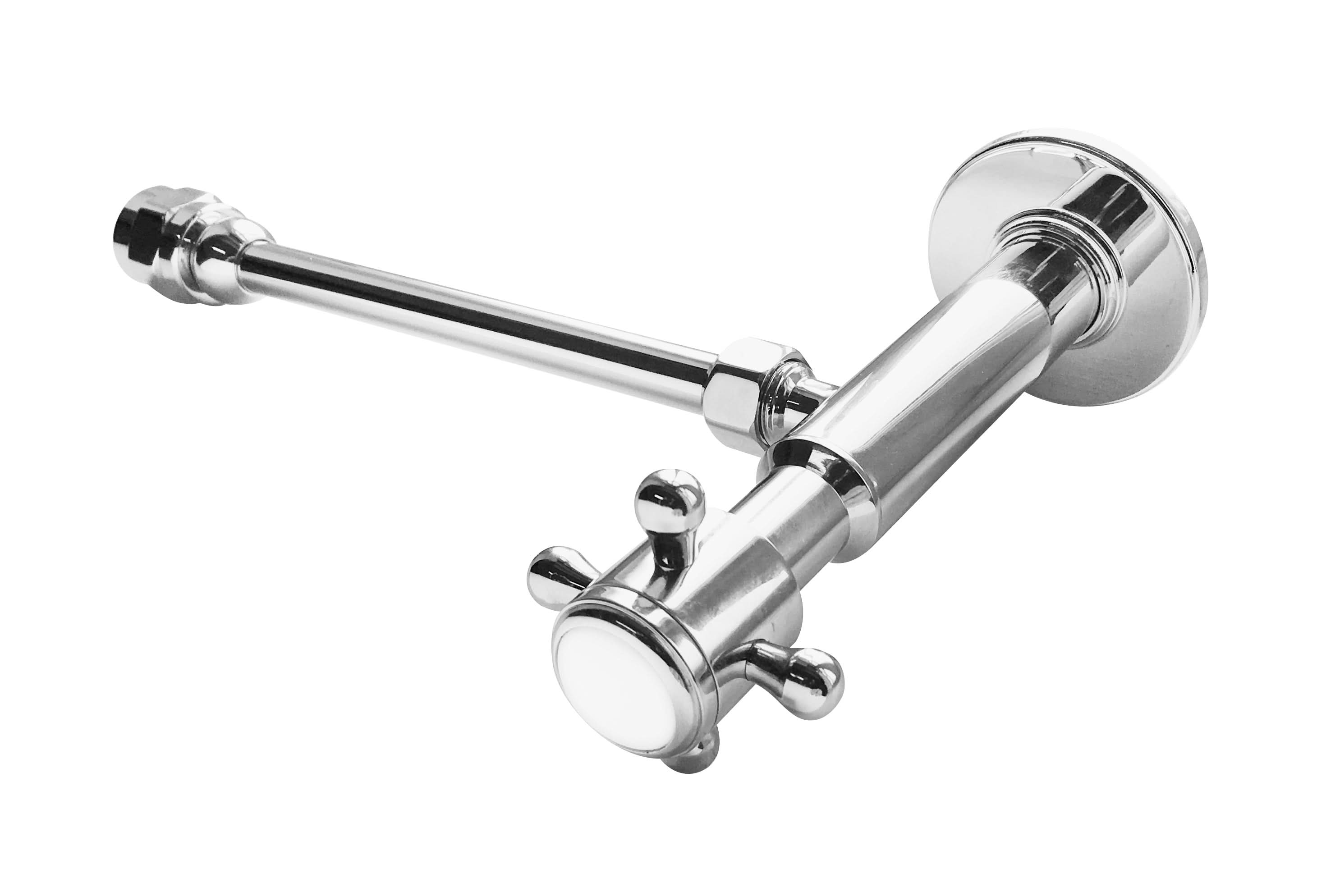 The Nuie Cistern Cut-Off Valve - Chrome features a cross-shaped handle and connecting pipe. This sleek, chrome-plated Nuie valve is shown isolated on a white background.