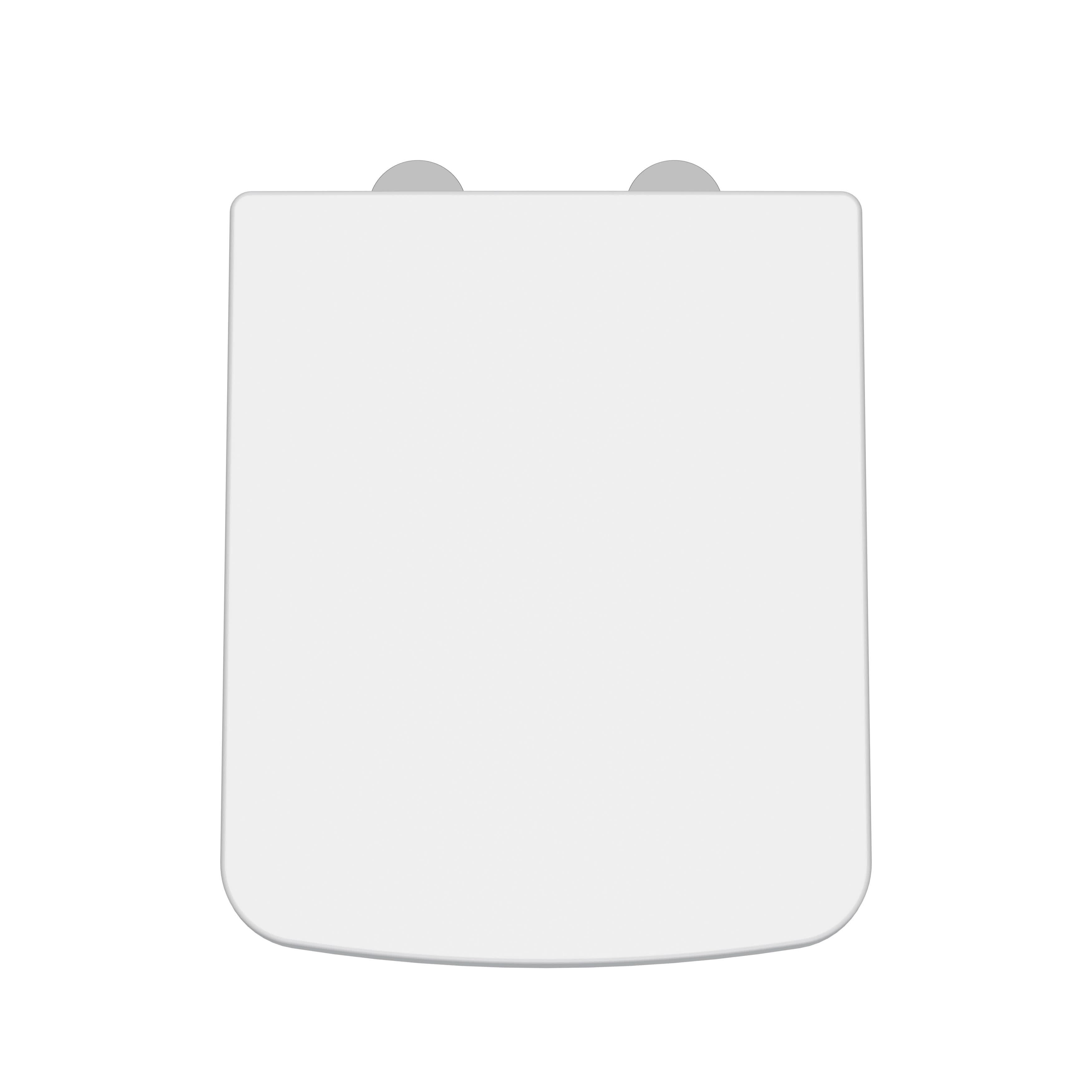 A top view of the Nuie Soft Close Toilet Seat With Quick Release Hinges in white showcases its simple, minimalistic design and two gray quick release hinges for easy maintenance.