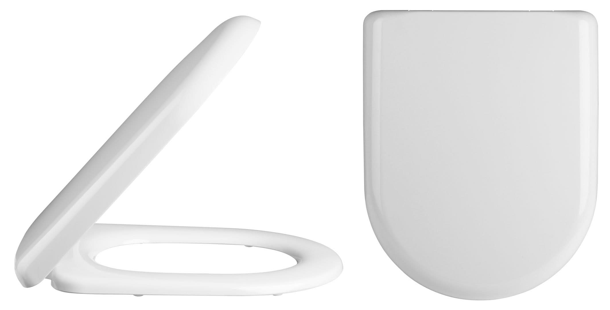 Two views of the Nuie Standard Soft Close Toilet Seat - White: one open from the side, one closed from above, both on a white background. This sleek Nuie seat features a soft close mechanism for comfort.