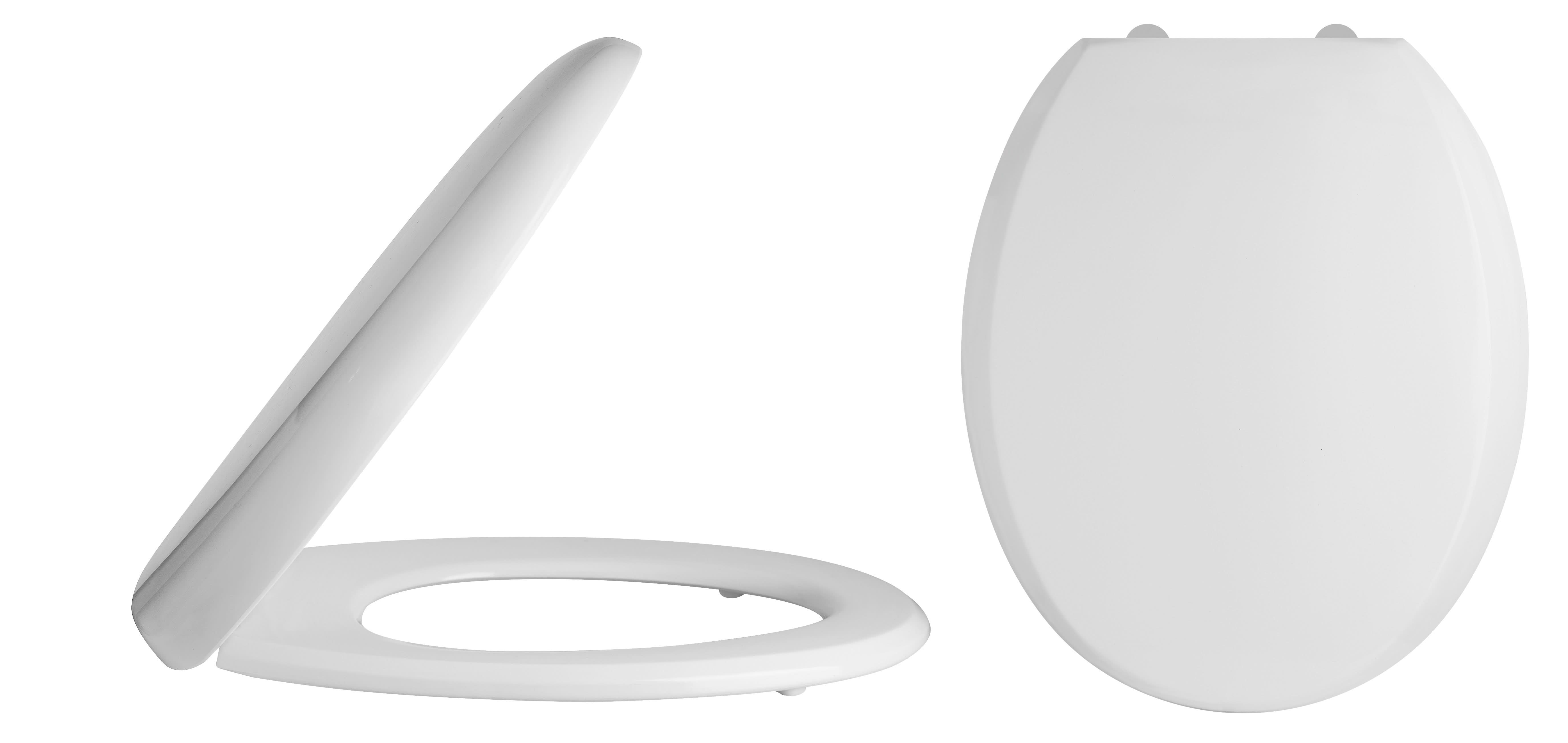 The Nuie Luxury Thermoplastic Soft Close Toilet Seat With Hinges in white by Nuie is shown in two views: one with the seat partially open at an angle and another displaying the seat closed from above.