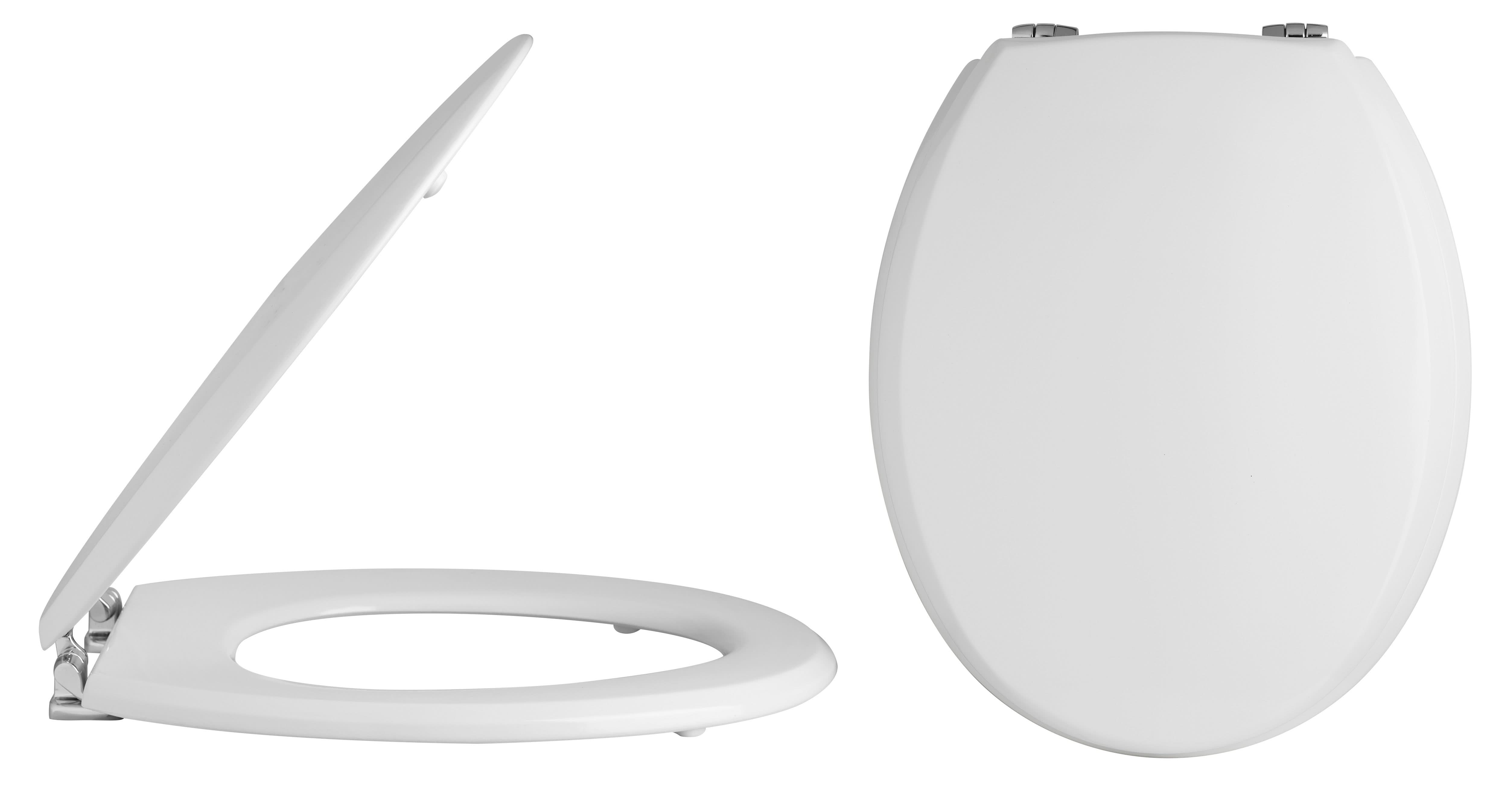 Two Nuie Standard Close Toilet Seats With Chrome Hinges in white: one side view with lid partly open, one top view fully closed. Both have moulded wood design and are set against a plain white background.