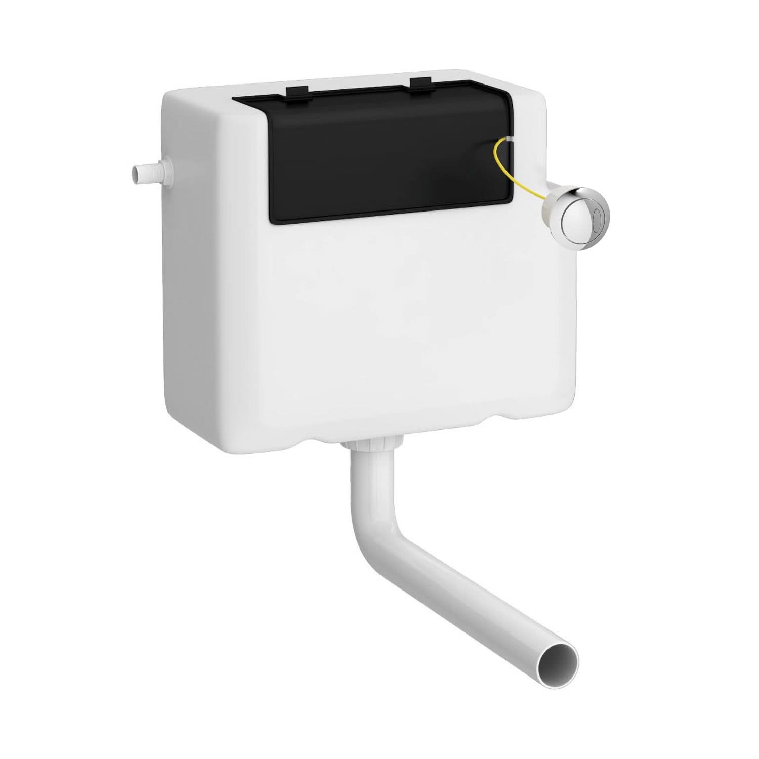 The Nuie Front And Top Access Concealed Toilet Cistern in white, by Nuie, features a black lid, side lever, curved white flush pipe, and offers dual flush for efficient water usage.