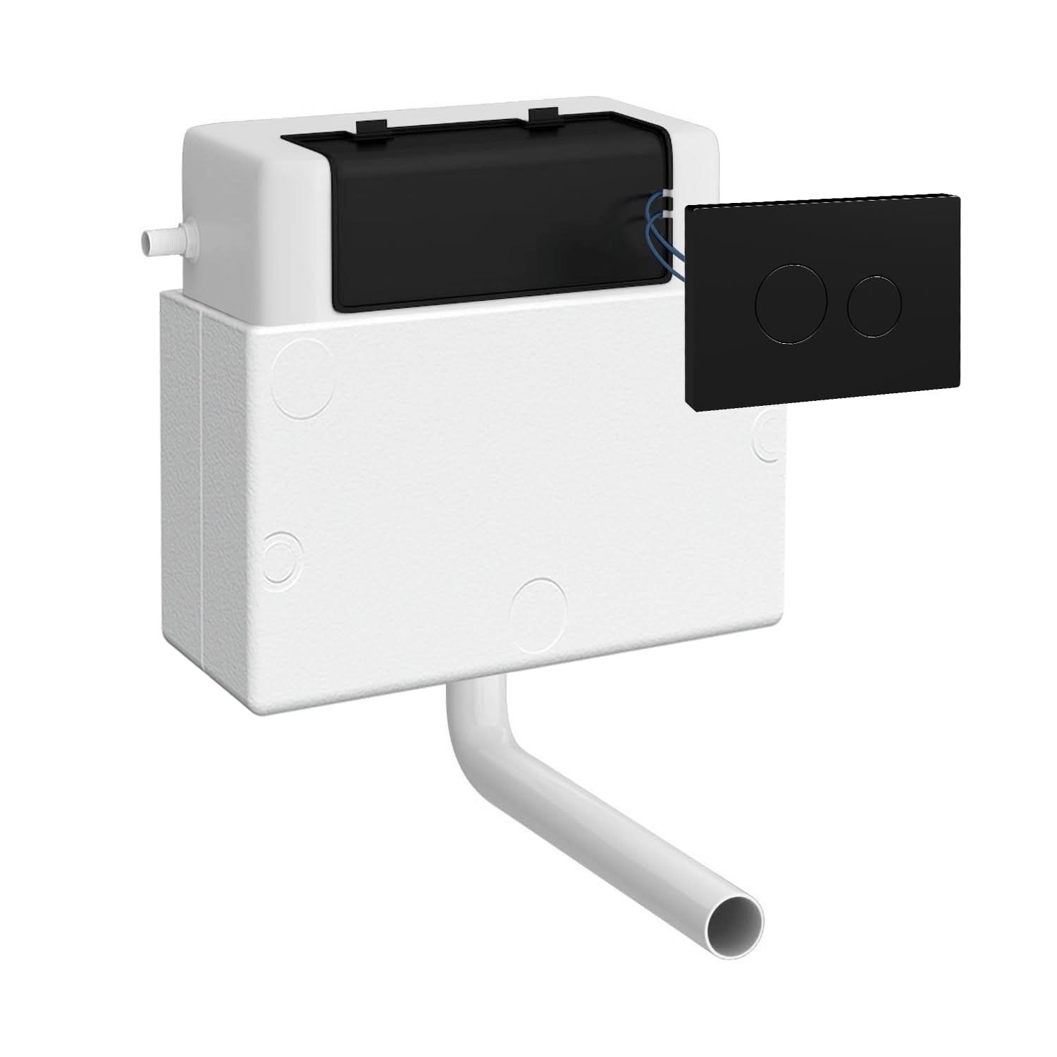 The Nuie Universal Access Concealed Toilet Cistern features a white rectangular tank, curved bottom pipe, and a matt black square flush plate—ideal for modern bathrooms. Brand: Nuie.