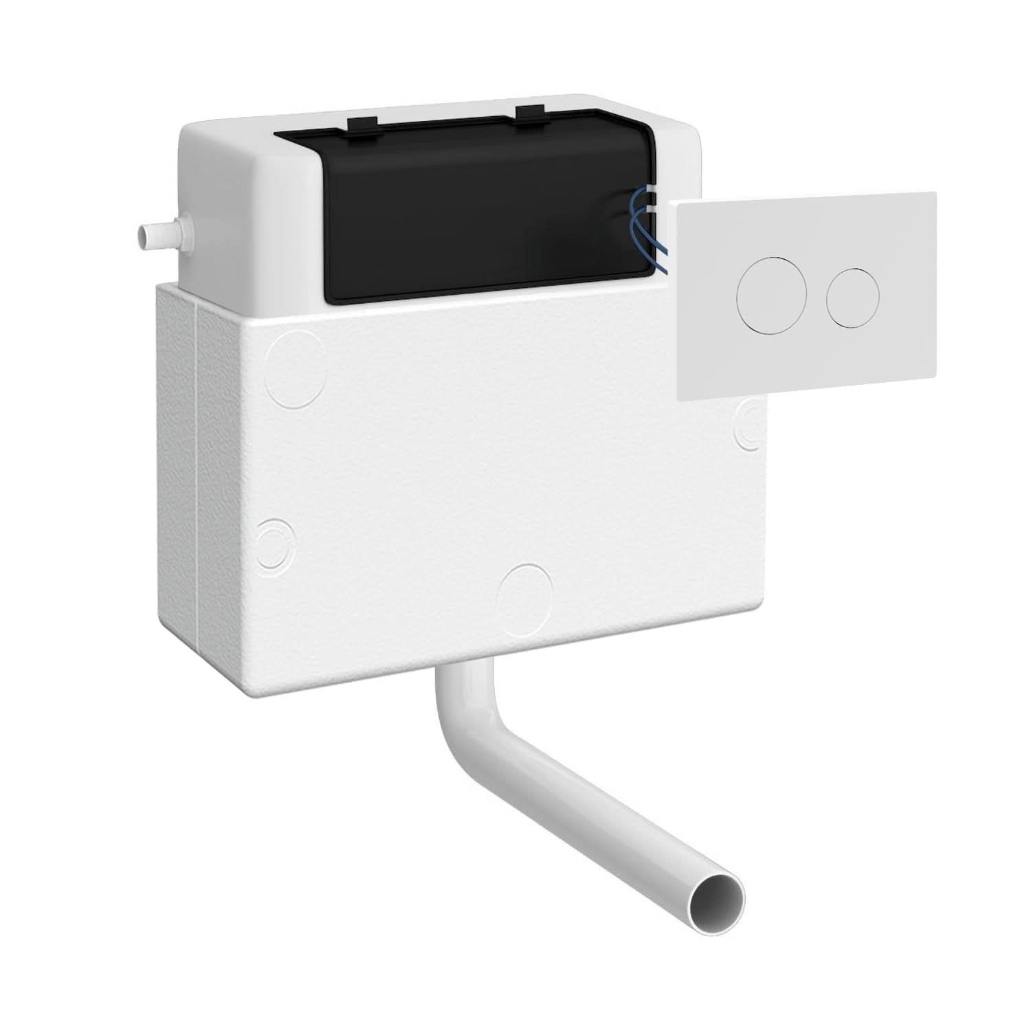 The Nuie Universal Access Concealed Toilet Cistern features a matt white square flush plate, black lid, side inlet, two front flush buttons, and a white flush pipe extending from the base.