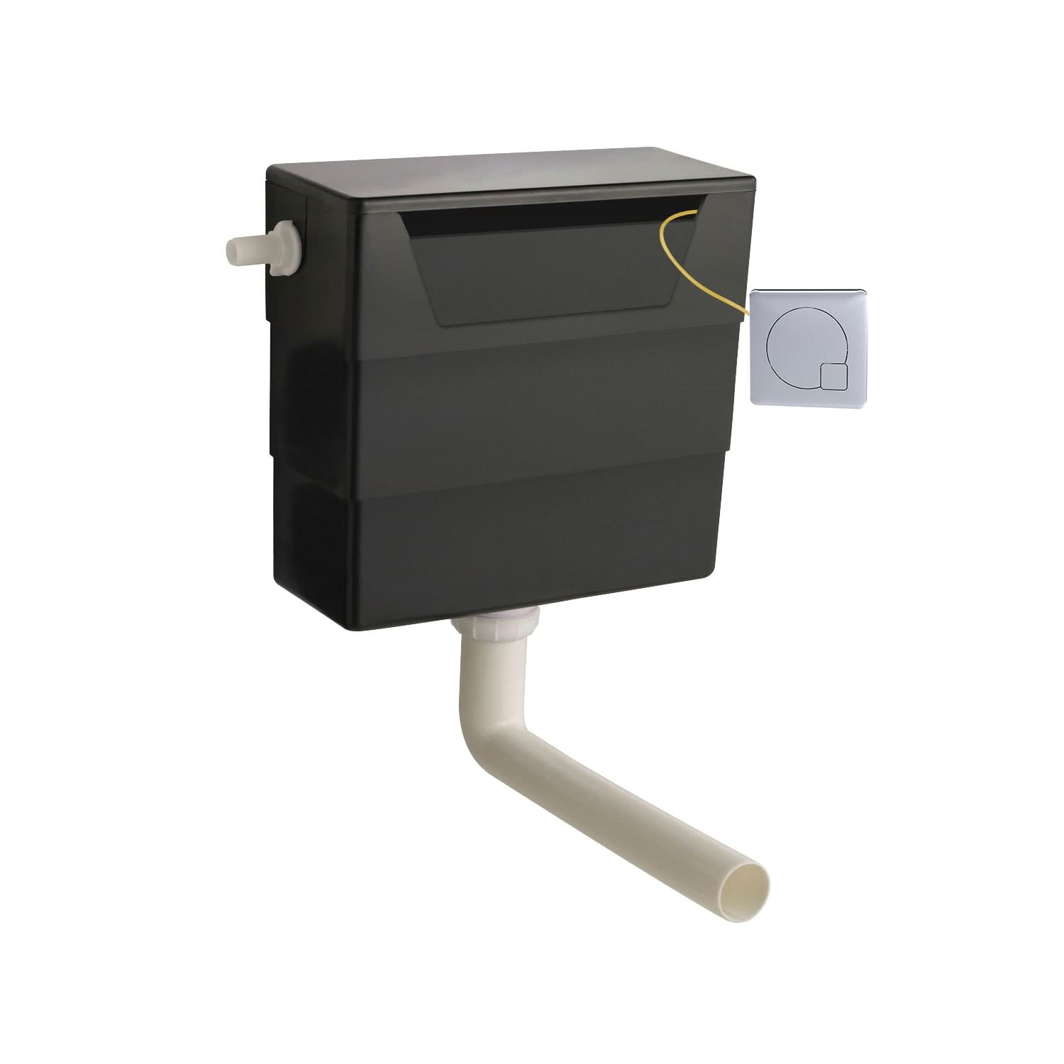 The Nuie Universal Access Concealed Toilet Cistern in black features a white flush pipe at the base and a chrome flush plate mounted to the right wall.