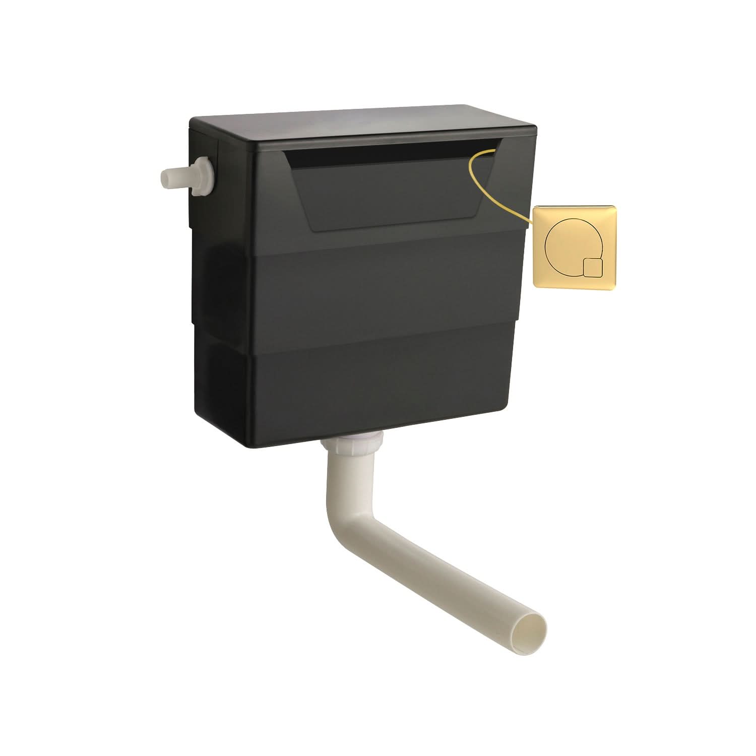 The Nuie Universal Access Concealed Toilet Cistern features a black rectangular design and a white pipe, paired with a small brushed brass flush plate attached on the right side.