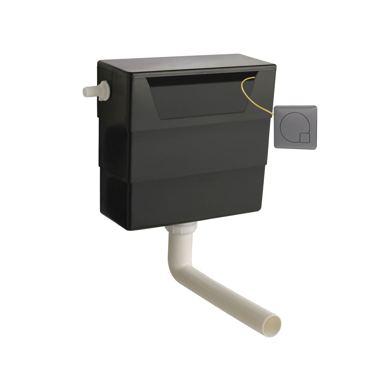 The Nuie Front and Top Access Concealed Toilet Cistern in white features a brushed gun metal flush plate mounted to the side and a white flush pipe attached at the bottom.